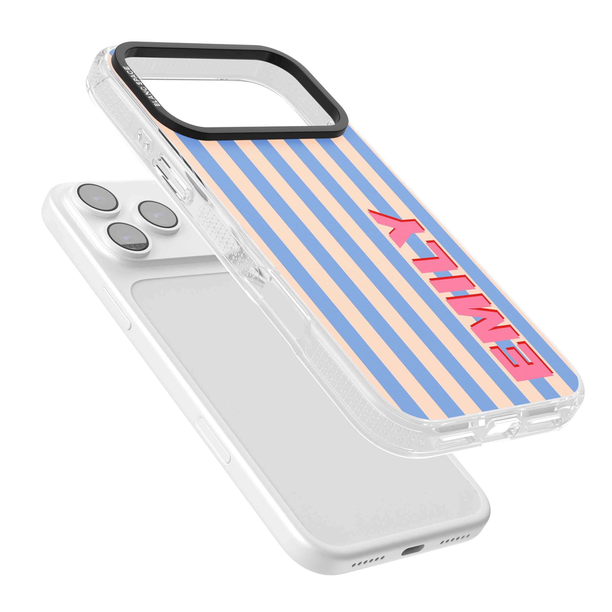 Coastal Stripe personalised coastal iPhone case with blue and peach vertical stripes and custom pink name | Clear Case Impact Air case for iPhone 17 Pro, iPhone 17 Pro Max