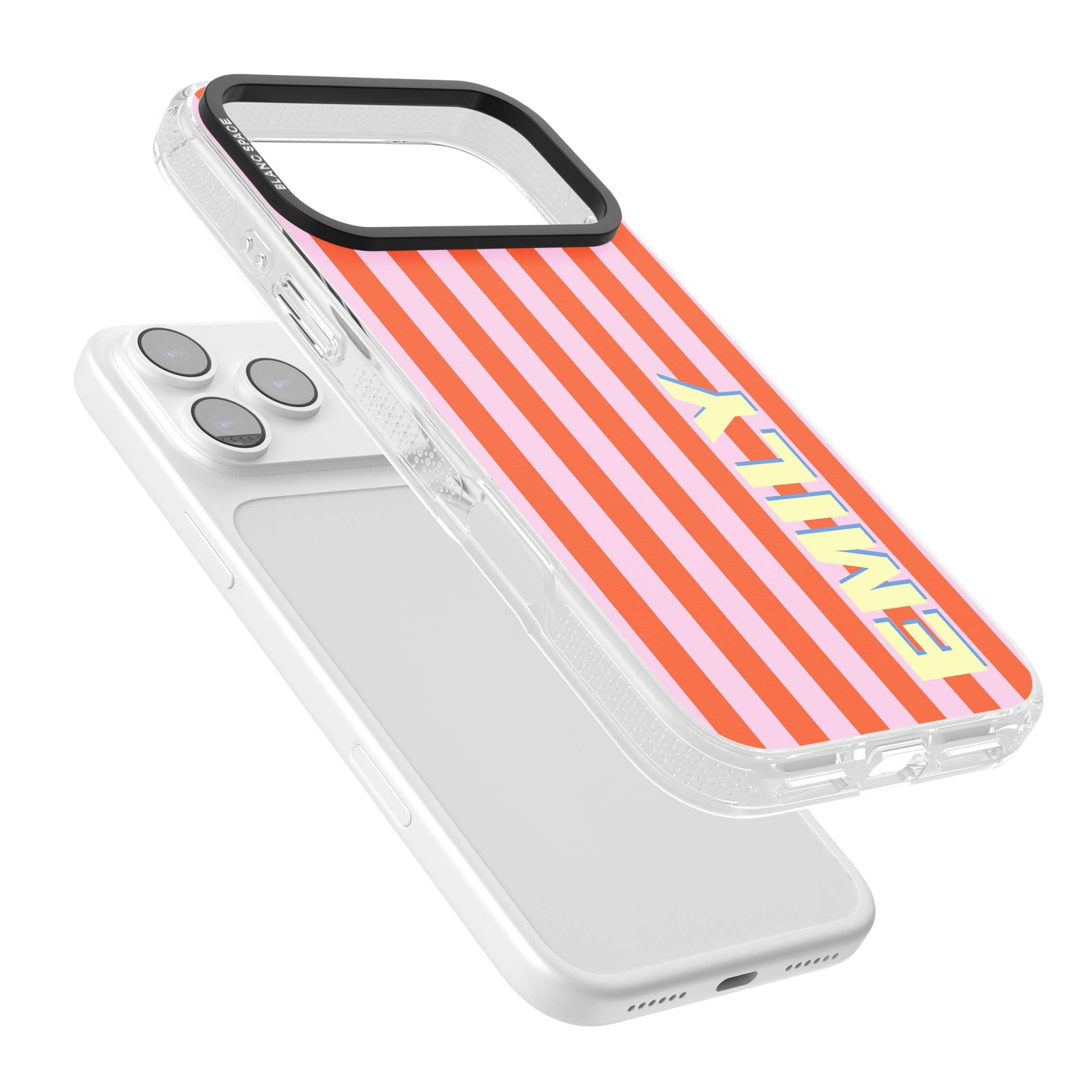 Havana Stripe personalised iPhone case featuring pink and orange vertical stripes with a custom yellow name | Clear Case Impact Air case for iPhone 17 Pro, iPhone 17 Pro Max