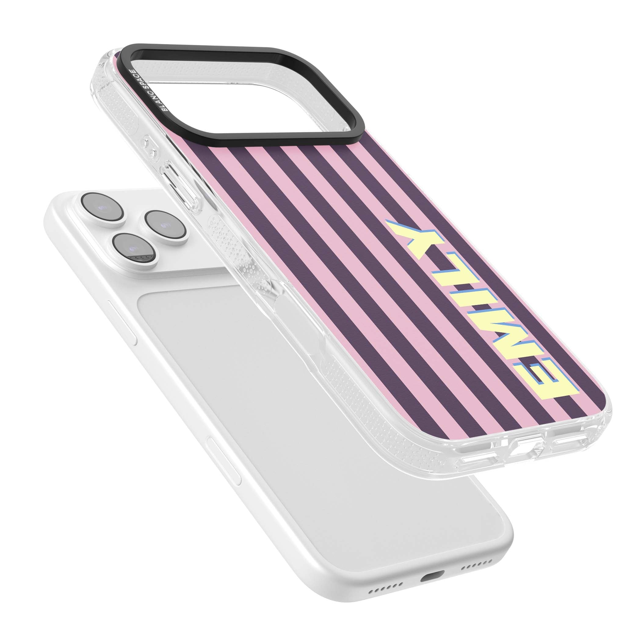 Tyre Stripe personalised stripe iPhone case with plum and pink vertical stripes and custom yellow name | Clear Case Impact Air case for iPhone 17 Pro, iPhone 17 Pro Max