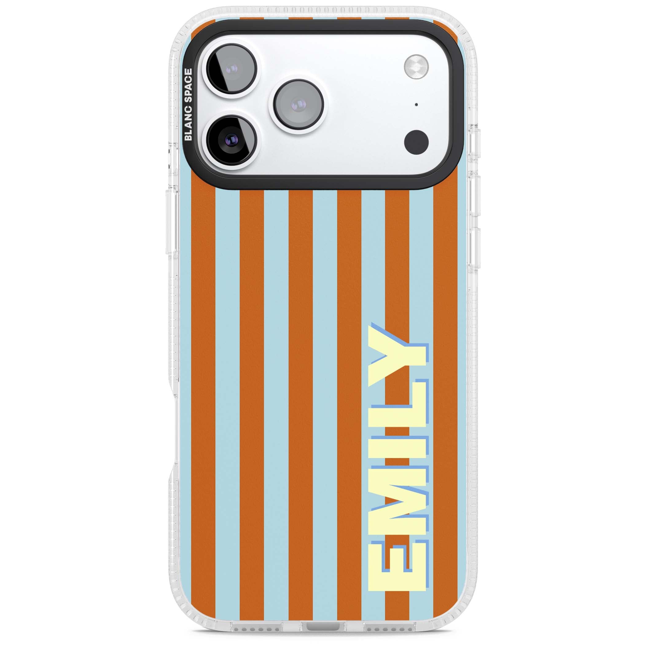 Cappadocia Stripe personalised coastal iPhone case featuring blue and orange vertical stripes with custom cream name | Clear Case Impact Air case for iPhone 17 Pro, iPhone 17 Pro Max