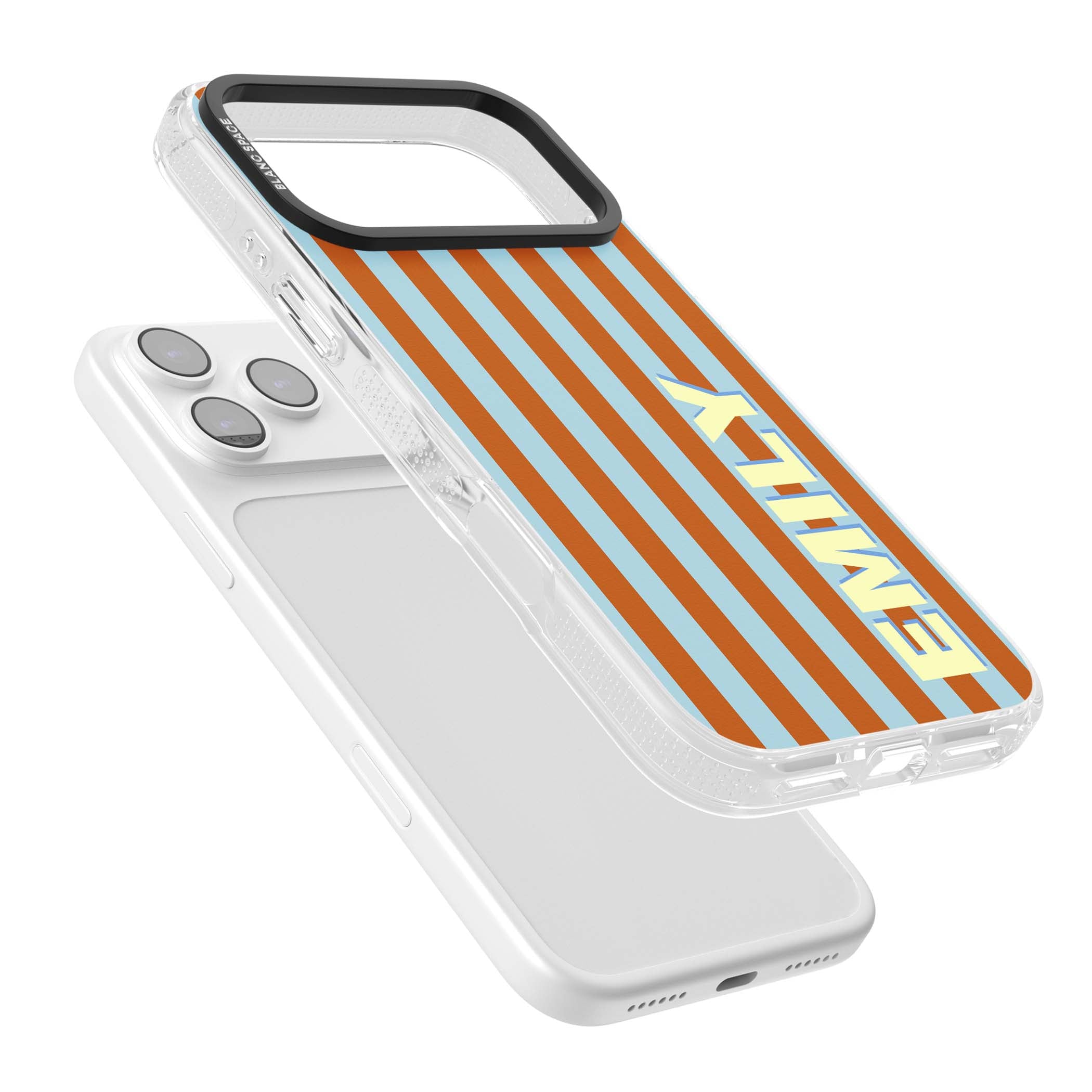 Cappadocia Stripe personalised coastal iPhone case featuring blue and orange vertical stripes with custom cream name | Clear Case Impact Air case for iPhone 17 Pro, iPhone 17 Pro Max