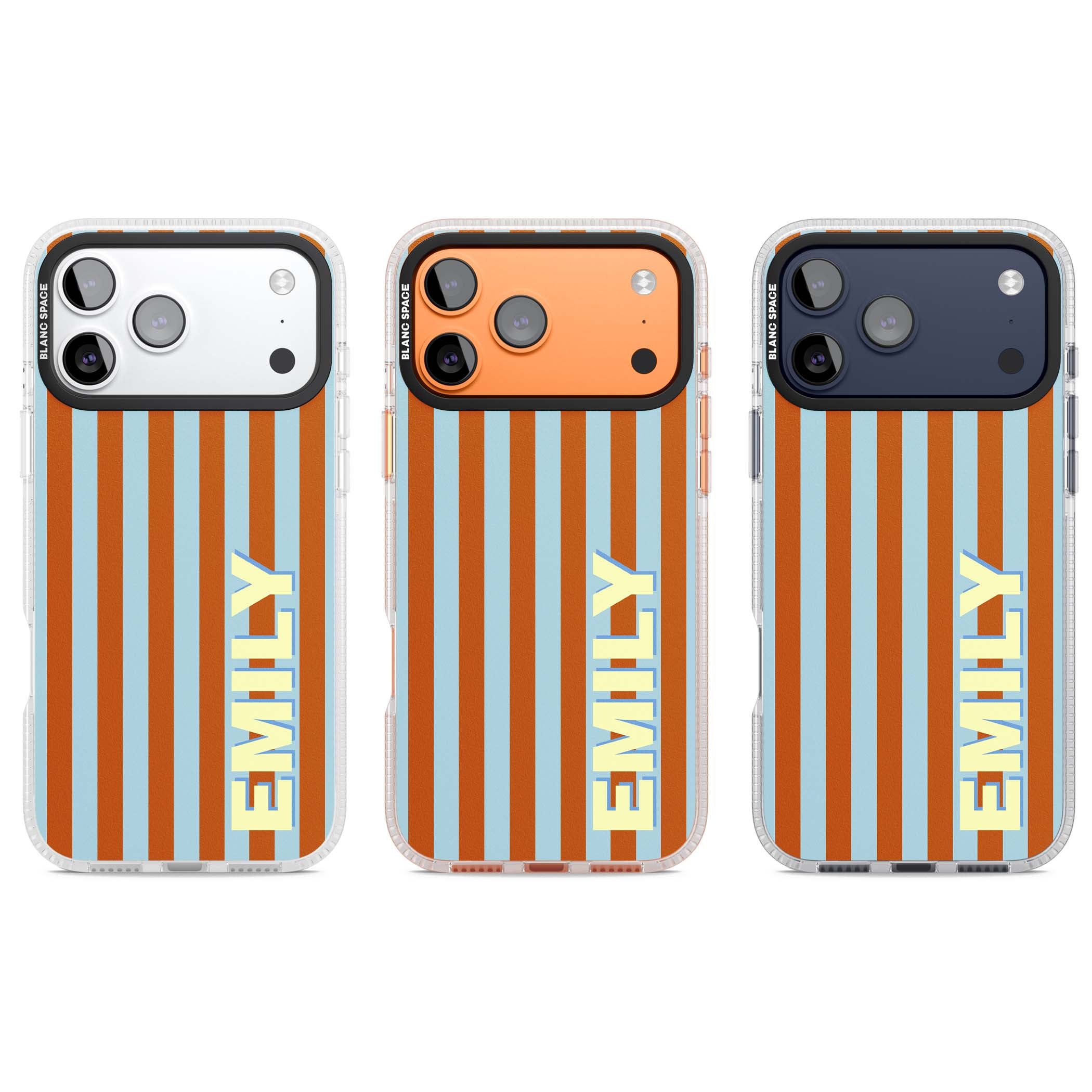 Cappadocia Stripe personalised coastal iPhone case featuring blue and orange vertical stripes with custom cream name | Clear Case Impact Air case for iPhone 17 Pro, iPhone 17 Pro Max