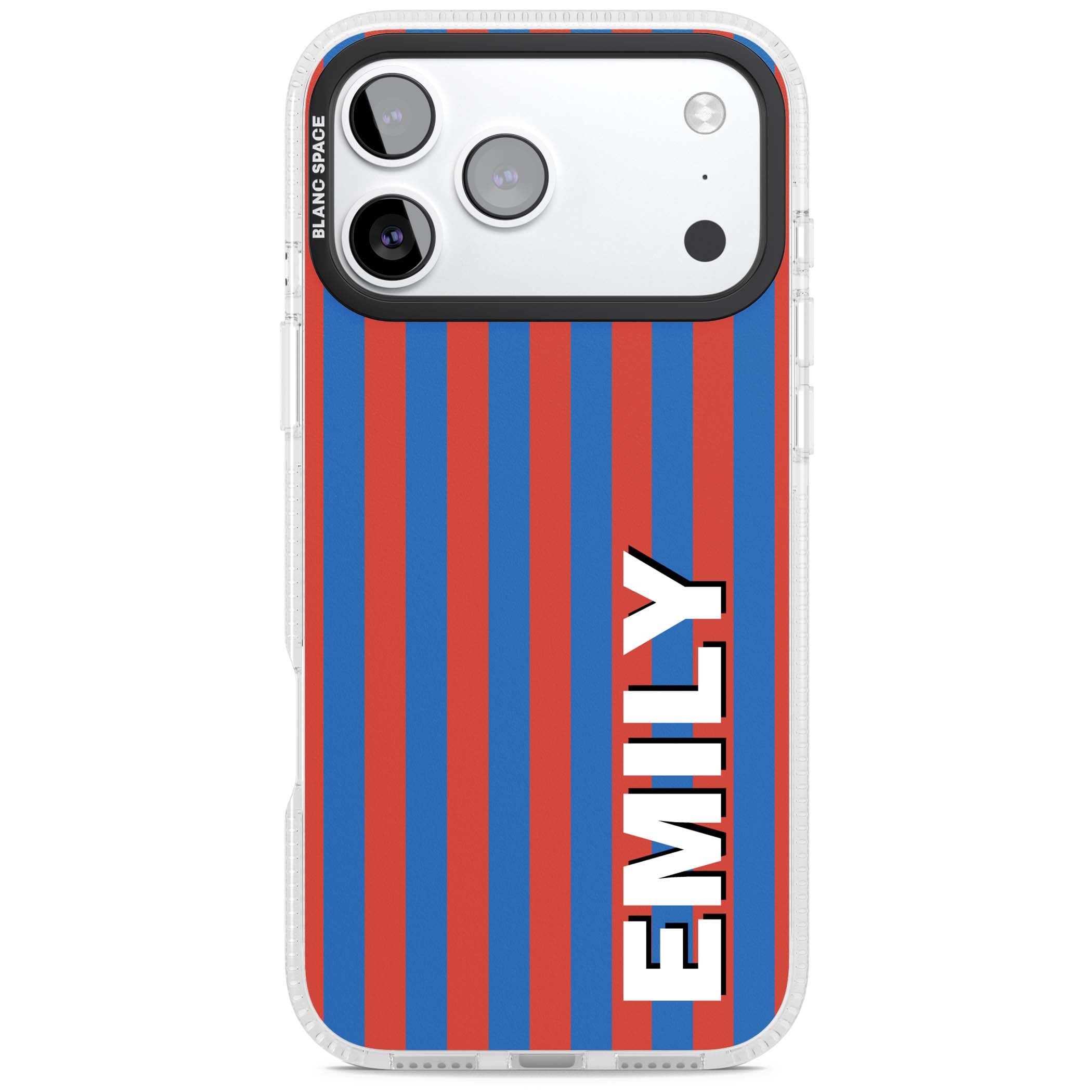 Cuban Stripe personalised iPhone case featuring red and blue vertical stripes with custom name in bold white letters | Clear Case Impact Air case for iPhone 17 Pro, iPhone 17 Pro Max
