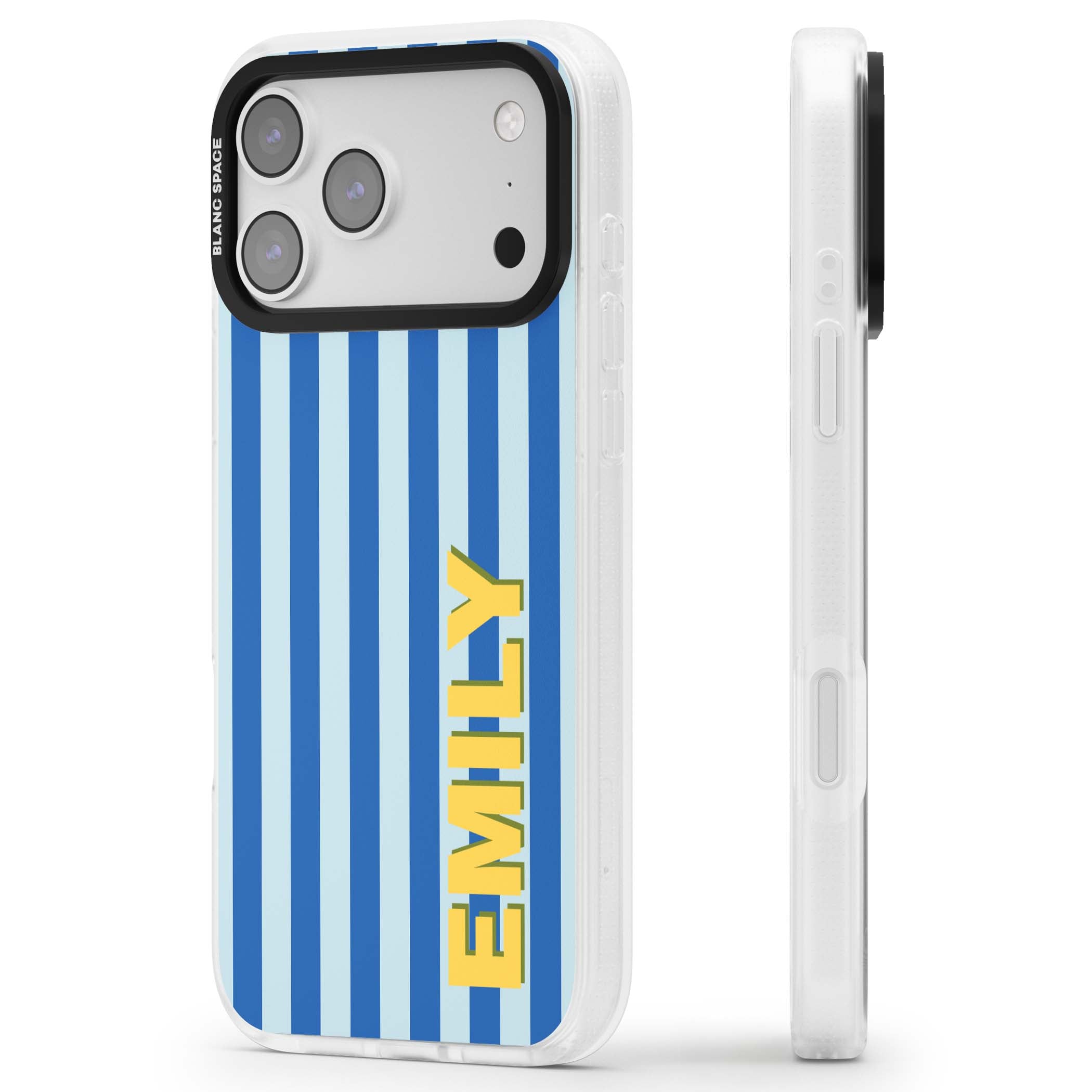 Athenian Stripe personalised preppy iPhone case featuring blue vertical stripes and a custom yellow name | Clear Case Impact Air case for iPhone 17 Pro, iPhone 17 Pro Max