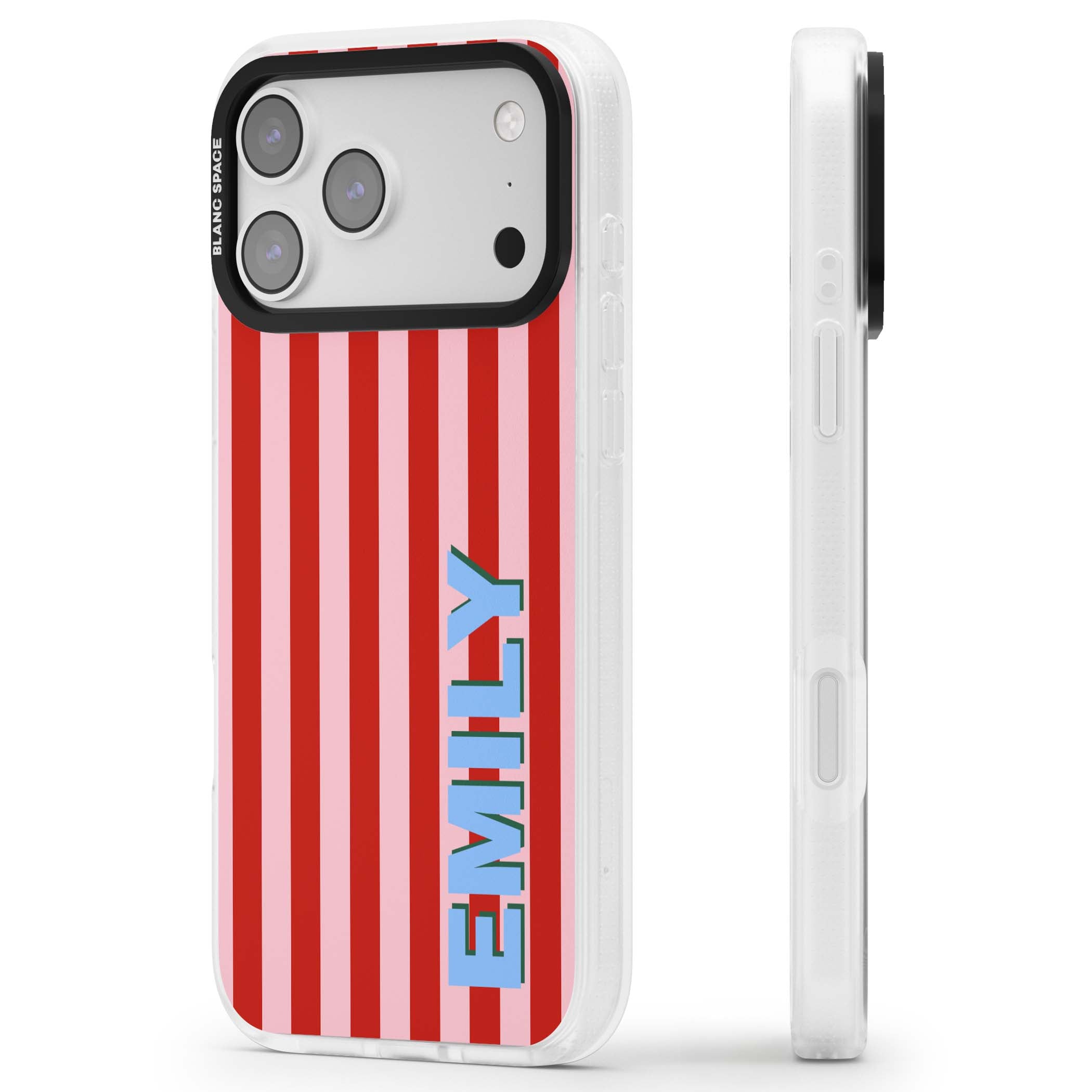 Market Stripe personalised iPhone case with red and pink vertical stripes and custom blue name | Clear Case Impact Air case for iPhone 17 Pro, iPhone 17 Pro Max