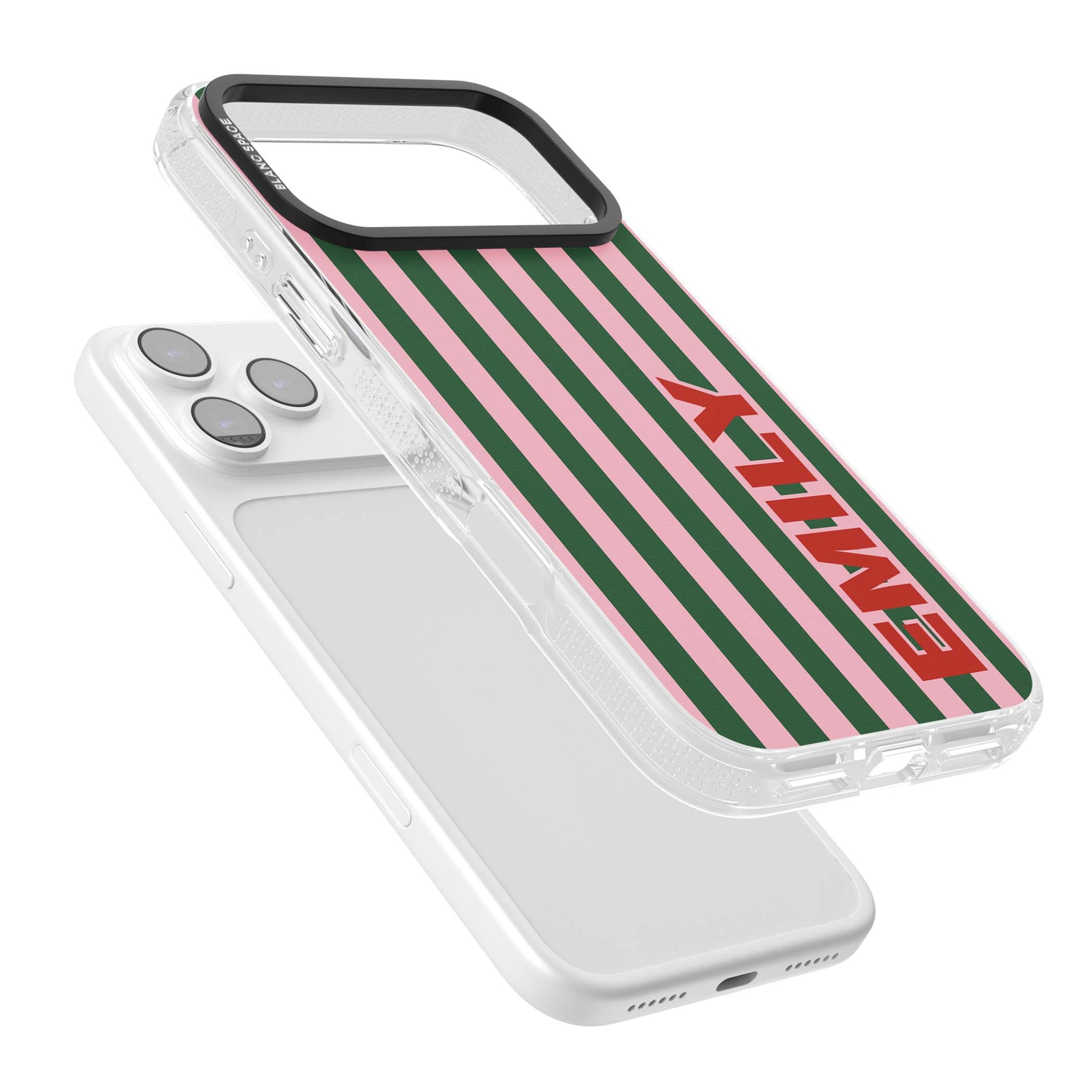 Italian Stripe preppy iPhone case featuring pink and green vertical stripes with personalised red name | Clear Case Impact Air case for iPhone 17 Pro, iPhone 17 Pro Max