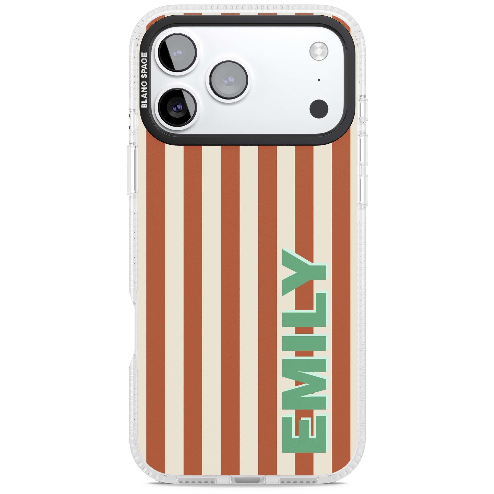 Dune Stripe personalised iPhone case with rust and cream vertical stripes and custom name in mint green | Clear Case Impact Air case for iPhone 17 Pro, iPhone 17 Pro Max