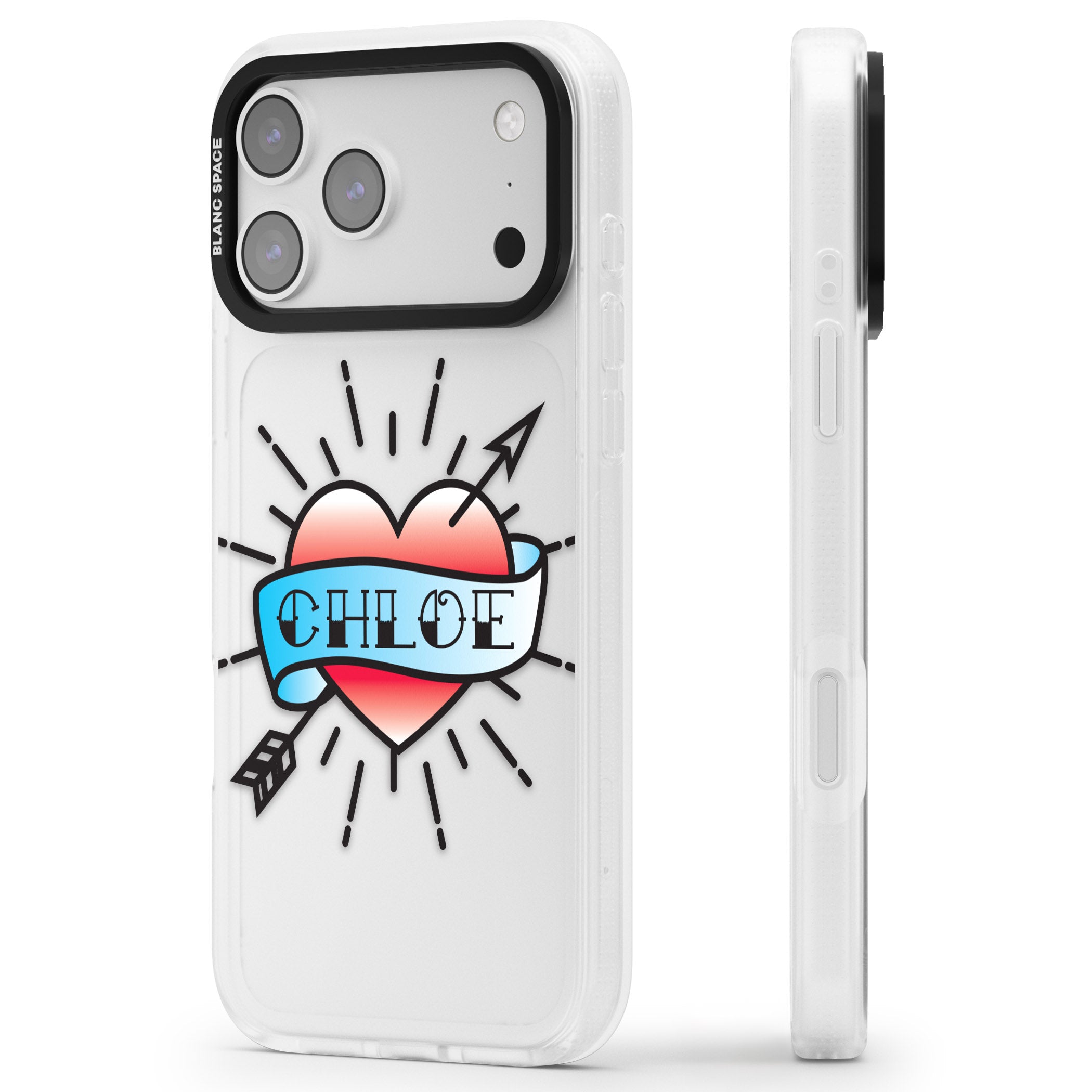 Personalised Heart Tattoo iPhone 17 Pro Impact Air Clear Phone Case Side Profile
