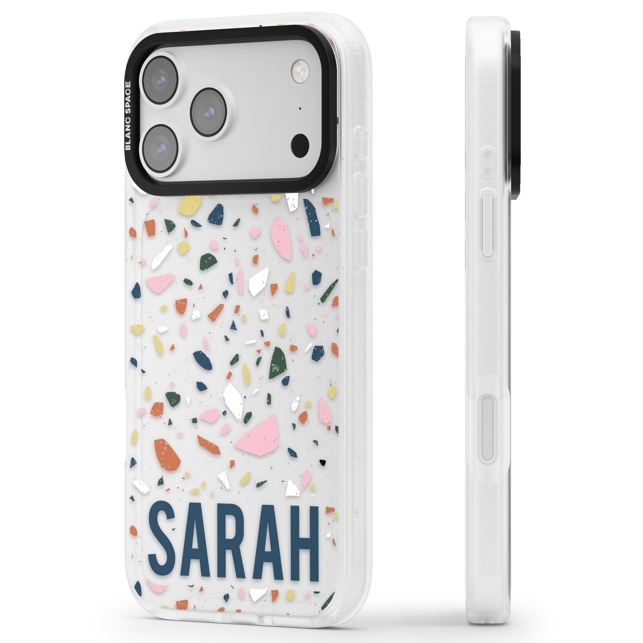 Personalised Terrazzo iPhone 17 Pro Impact Air Clear Phone Case Side Profile