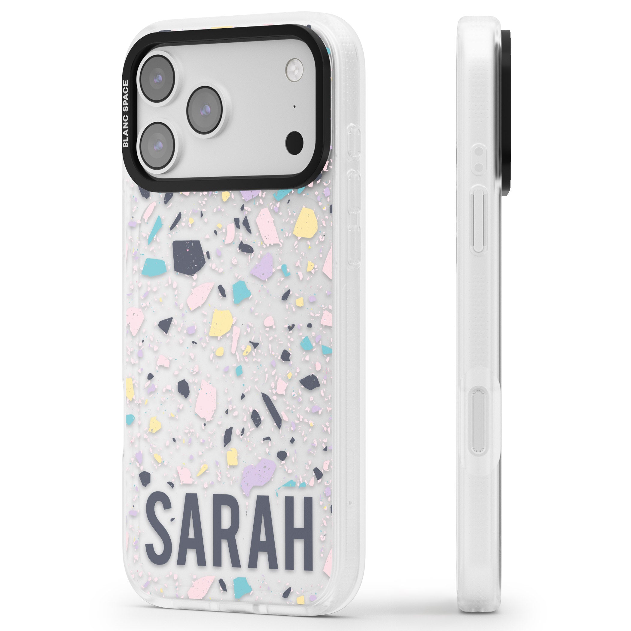 Personalised Pastel Terrazzo iPhone 17 Pro Impact Air Clear Phone Case Side Profile