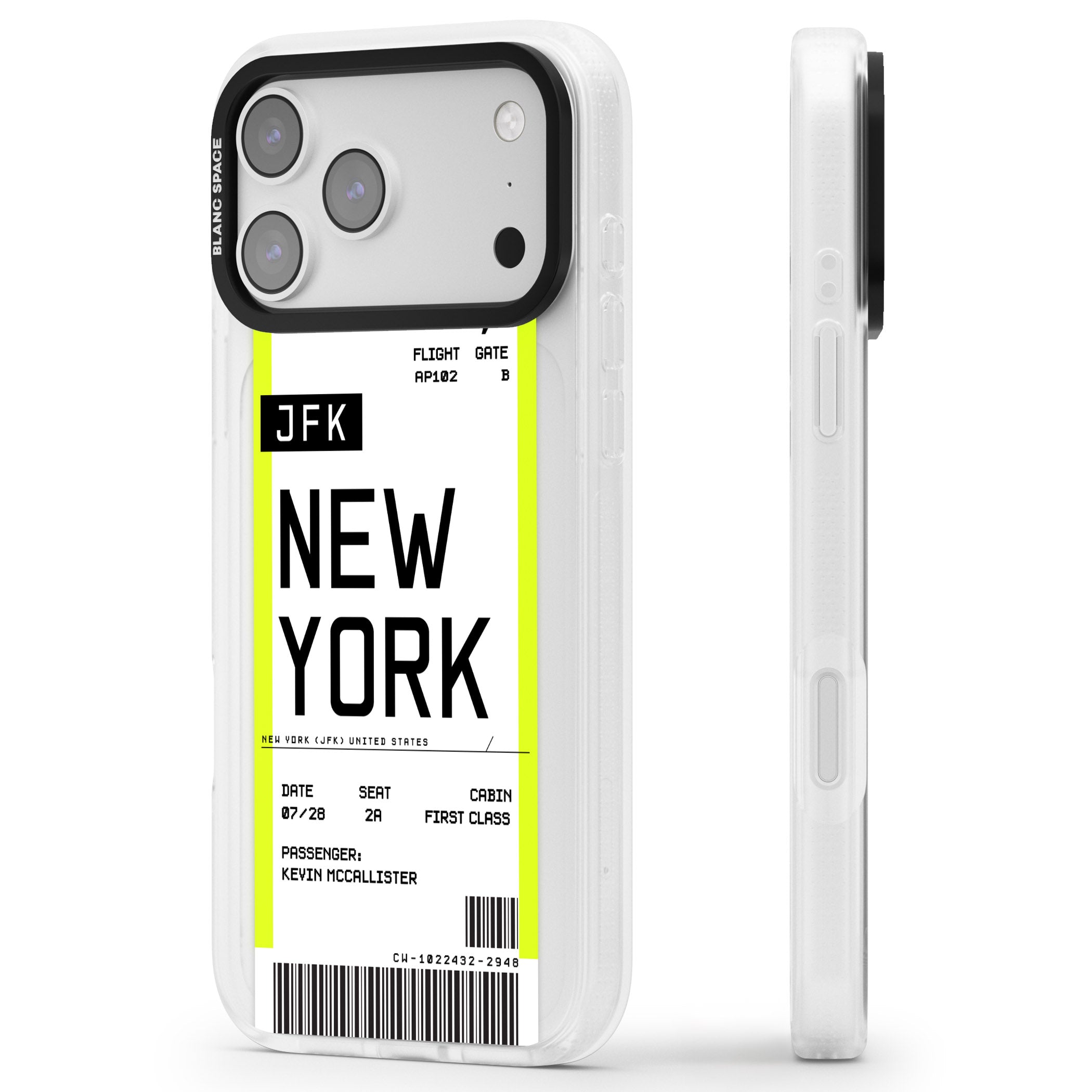 Personalised New York Boarding Pass iPhone 17 Pro Impact Air Clear Phone Case Side Profile