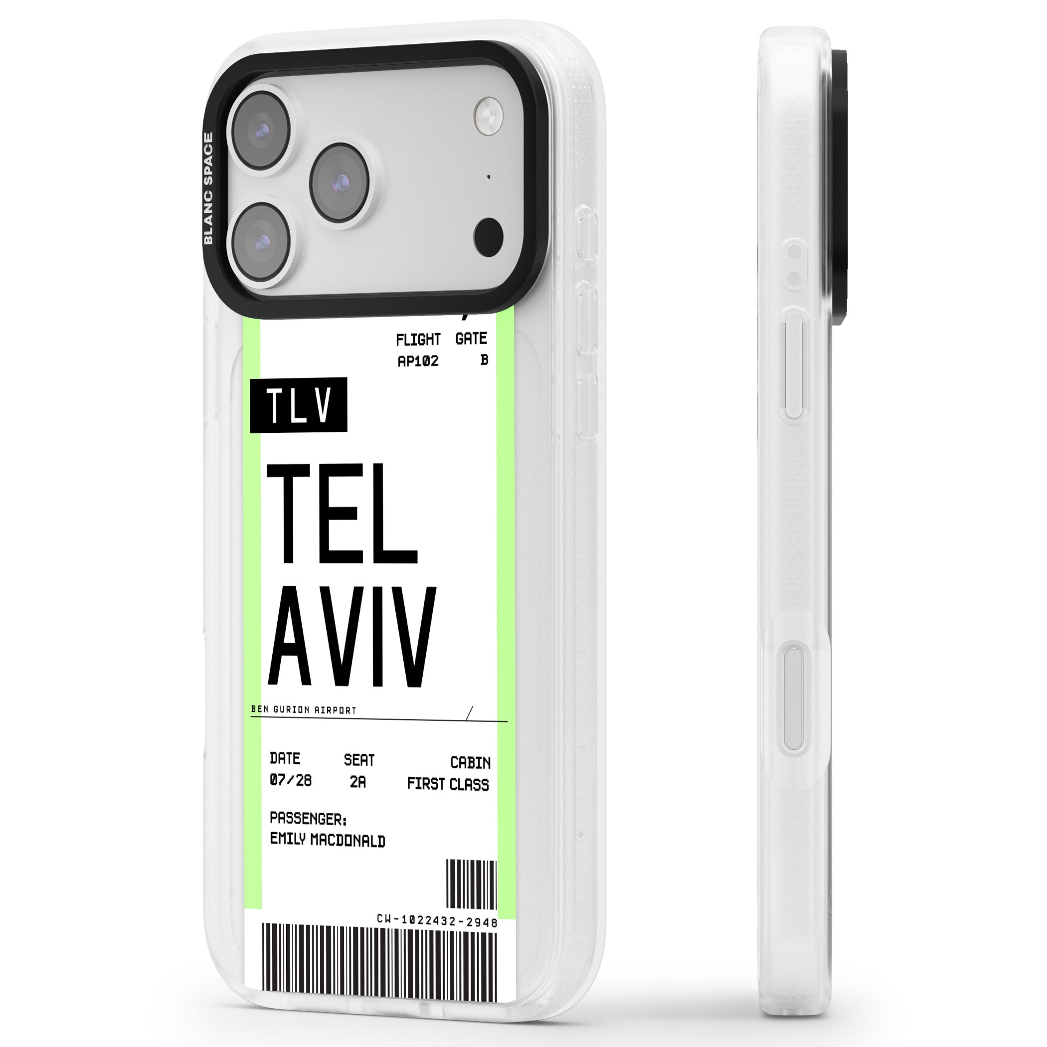 Personalised Tel Aviv Boarding Pass iPhone 17 Pro Impact Air Clear Phone Case Side Profile