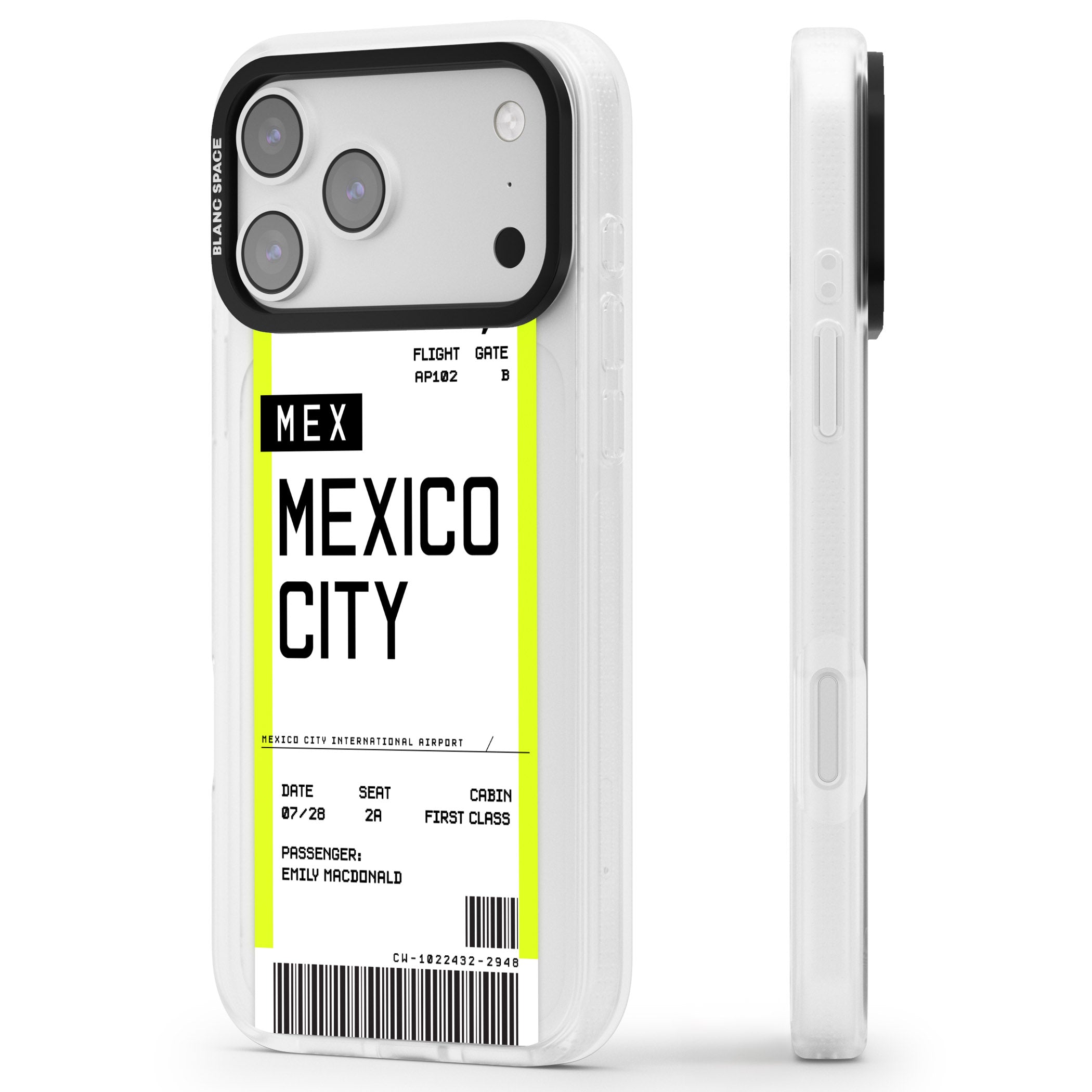 Personalised Mexico City Boarding Pass iPhone 17 Pro Impact Air Clear Phone Case Side Profile