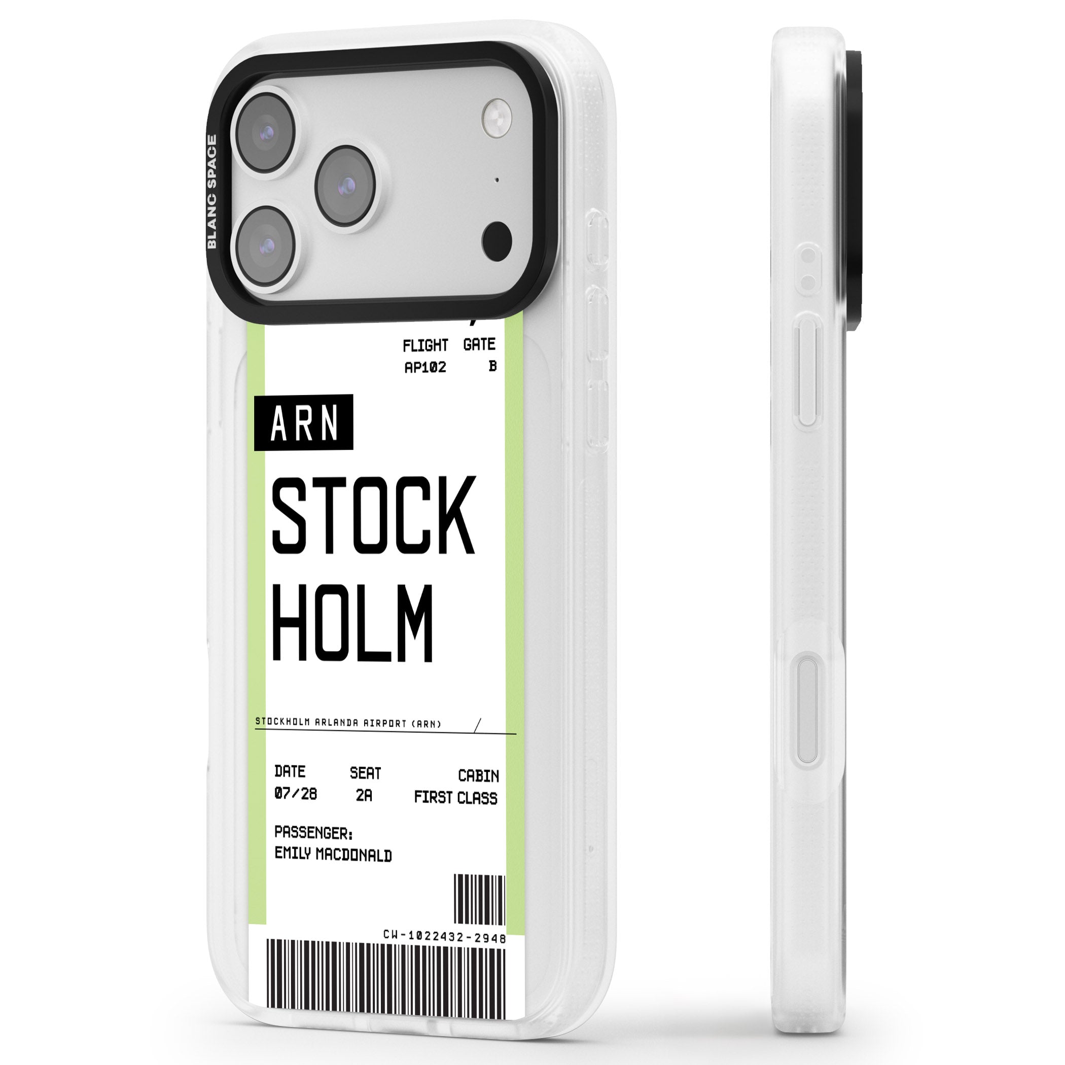 Personalised Stockholm Boarding Pass iPhone 17 Pro Impact Air Clear Phone Case Side Profile