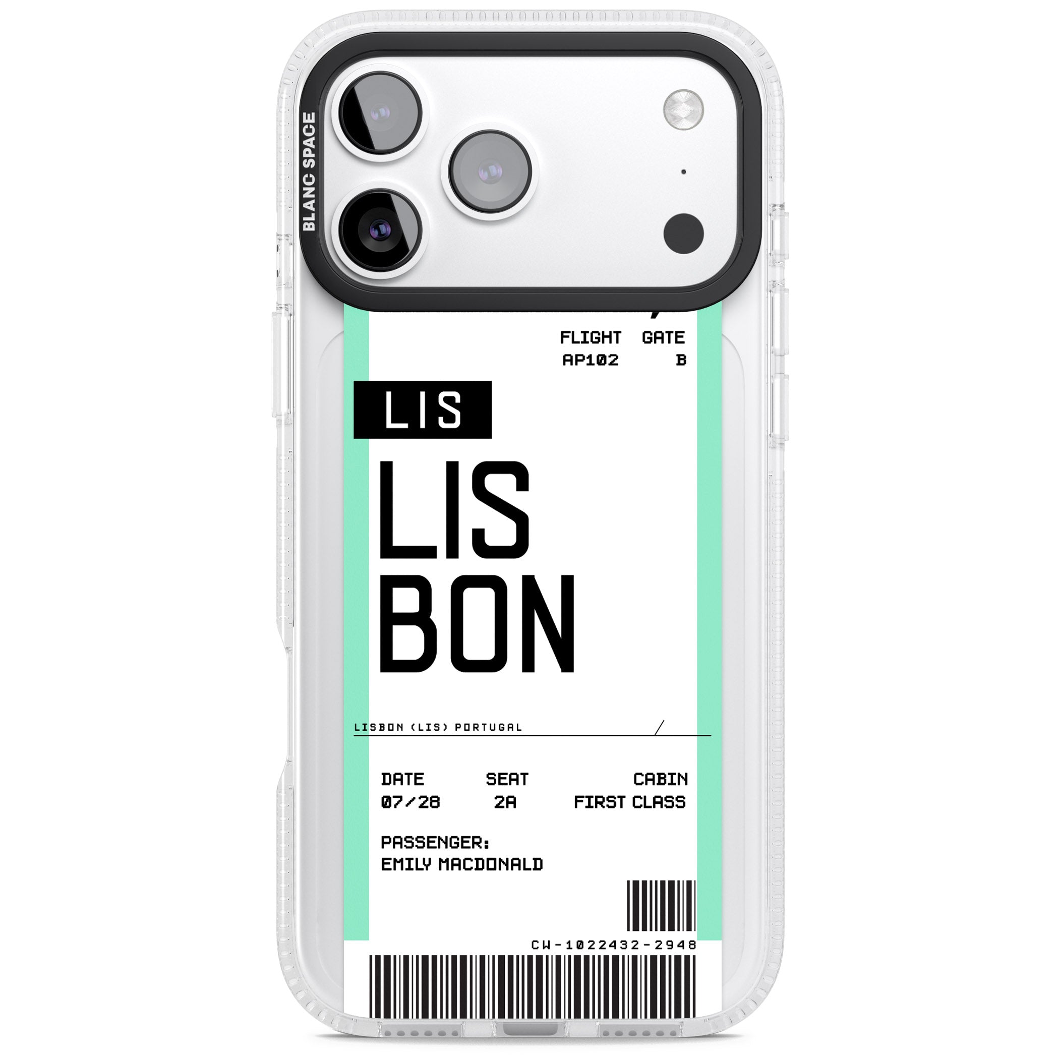 Personalised Lisbon Boarding Pass iPhone 17 Pro Impact Air Clear Phone Case
