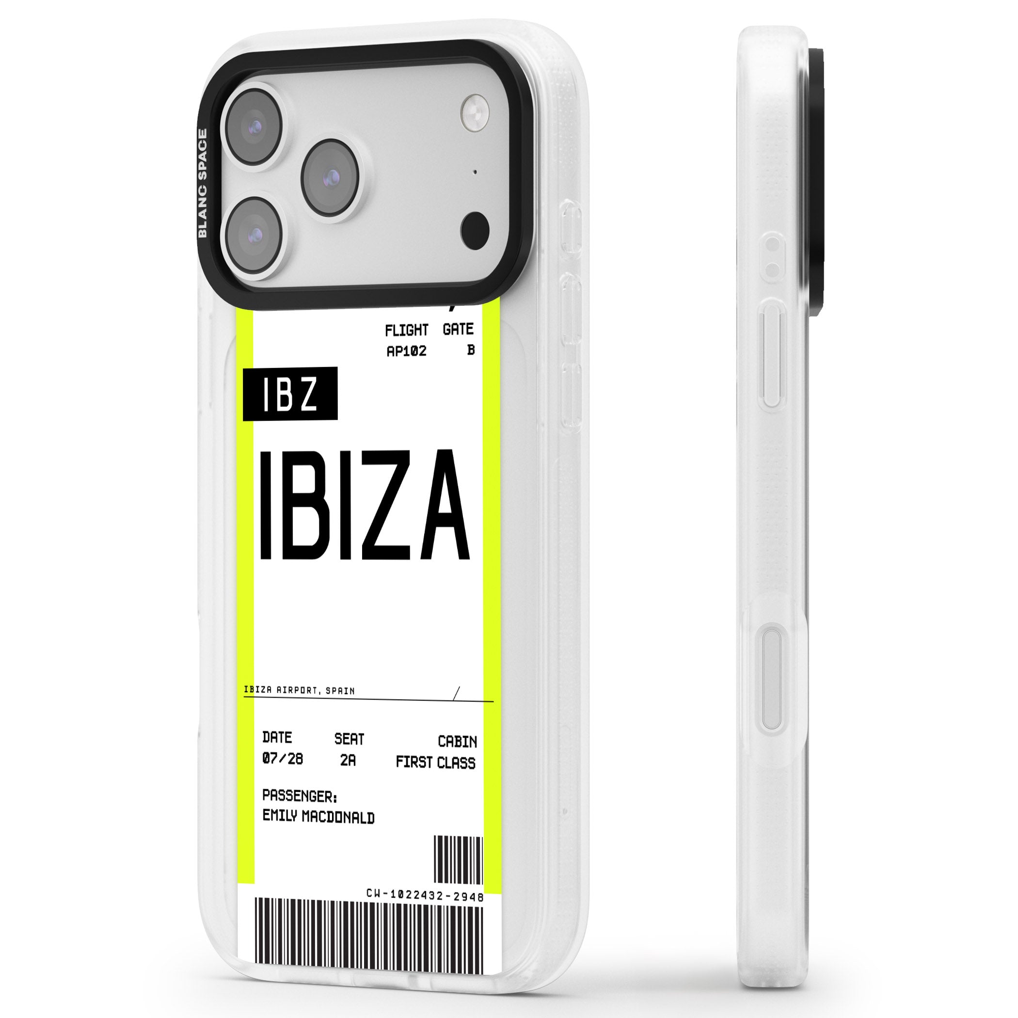 Personalised Ibiza Boarding Pass iPhone 17 Pro Impact Air Clear Phone Case Side Profile