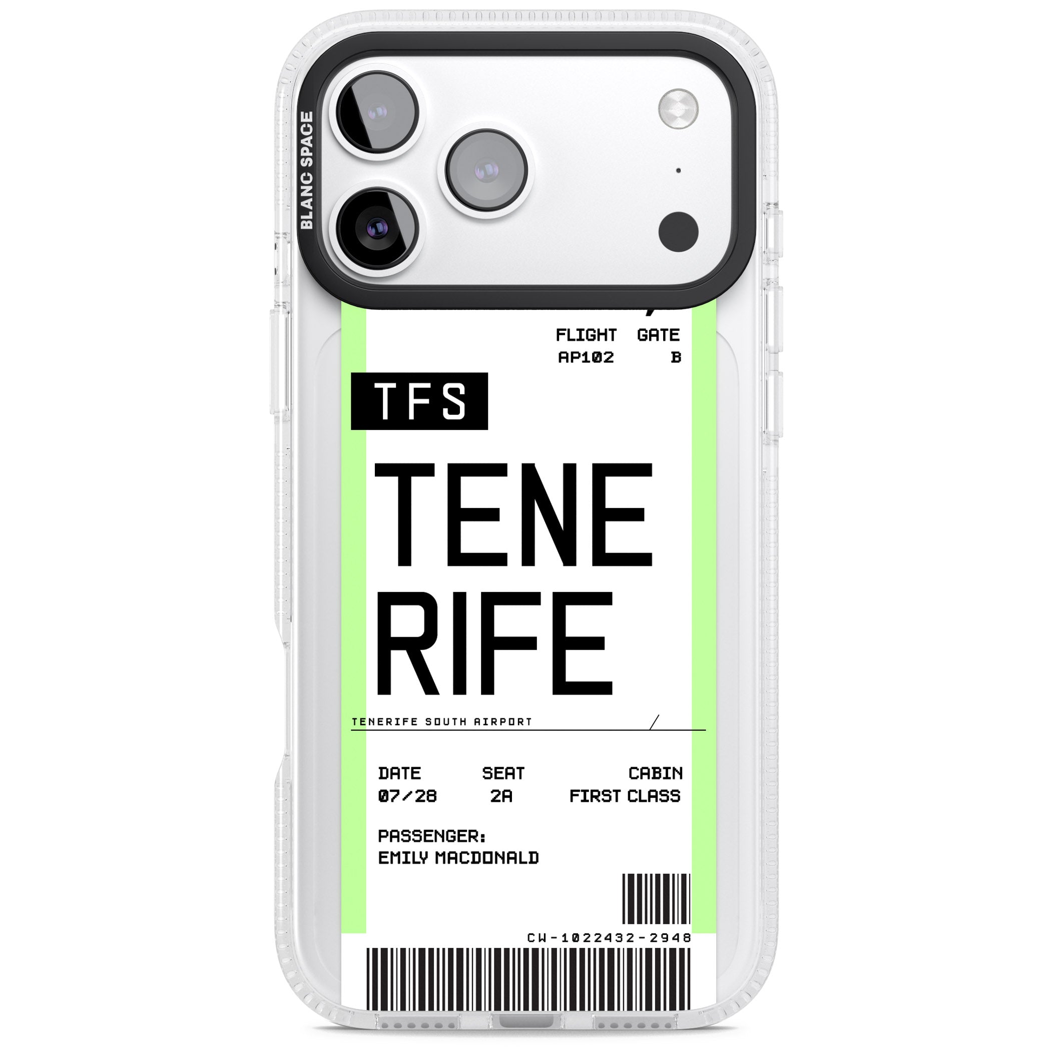 Personalised Tenerife Boarding Pass iPhone 17 Pro Impact Air Clear Phone Case