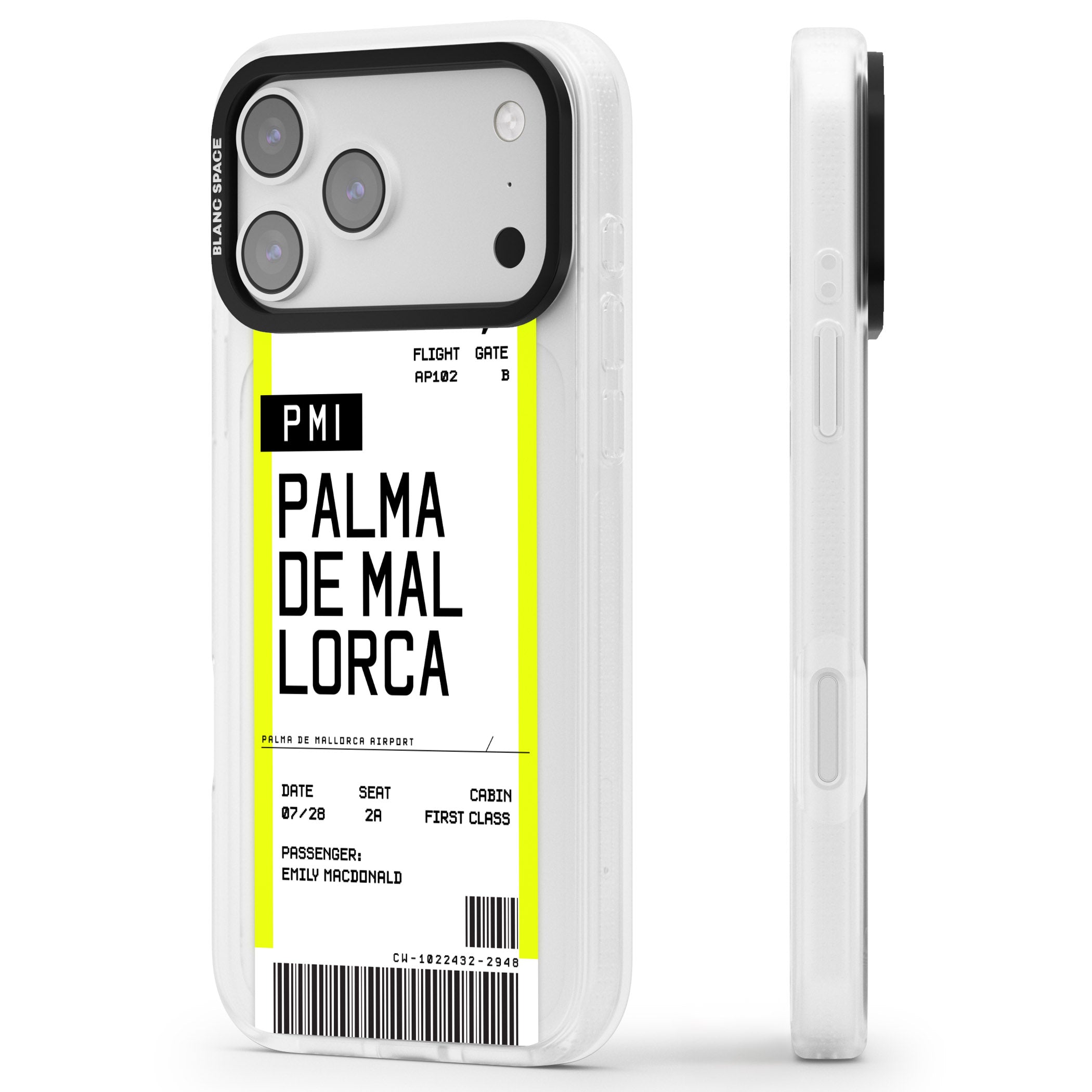 Personalised Palma De Mallorca Boarding Pass iPhone 17 Pro Impact Air Clear Phone Case Side Profile