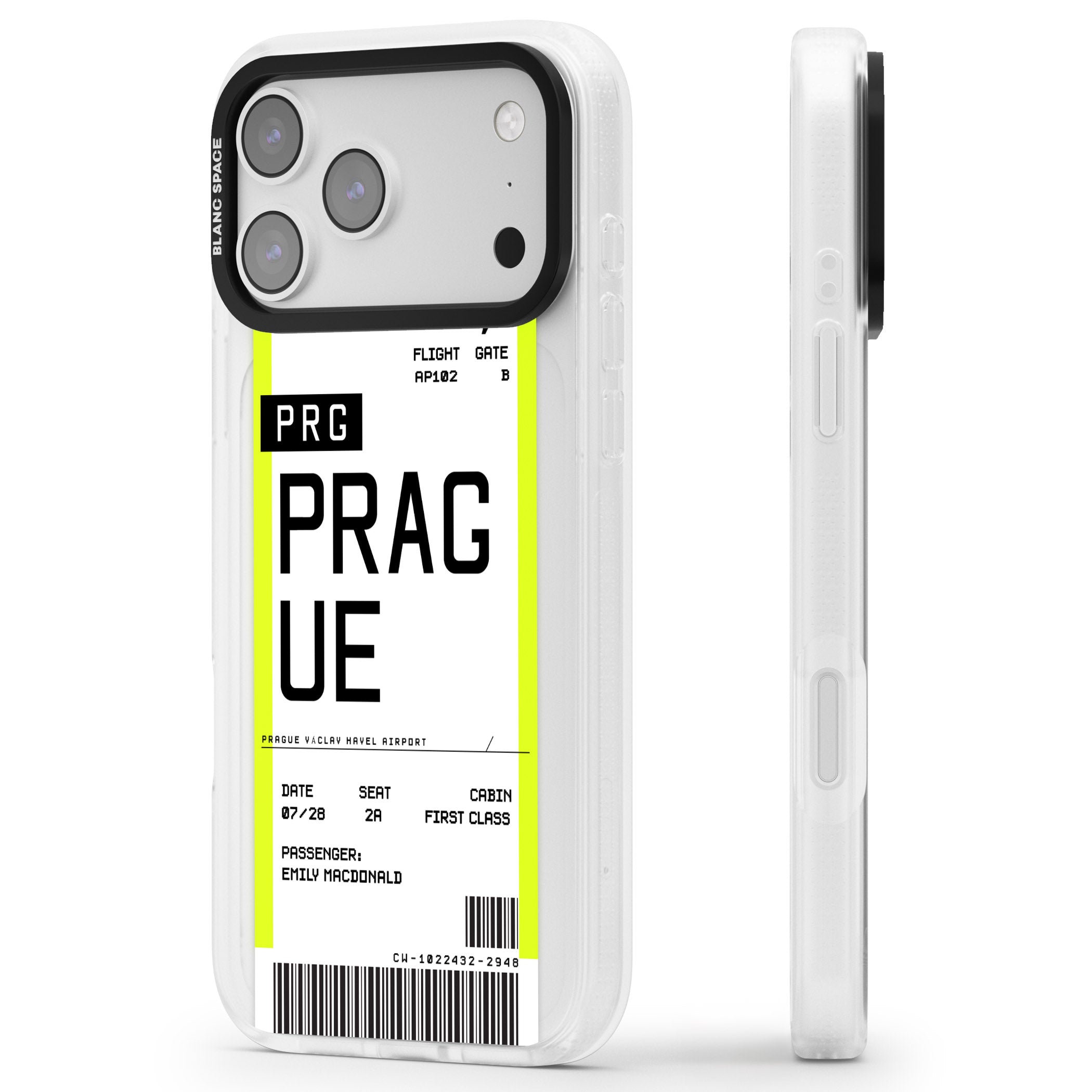 Personalised Prague Boarding Pass iPhone 17 Pro Impact Air Clear Phone Case Side Profile
