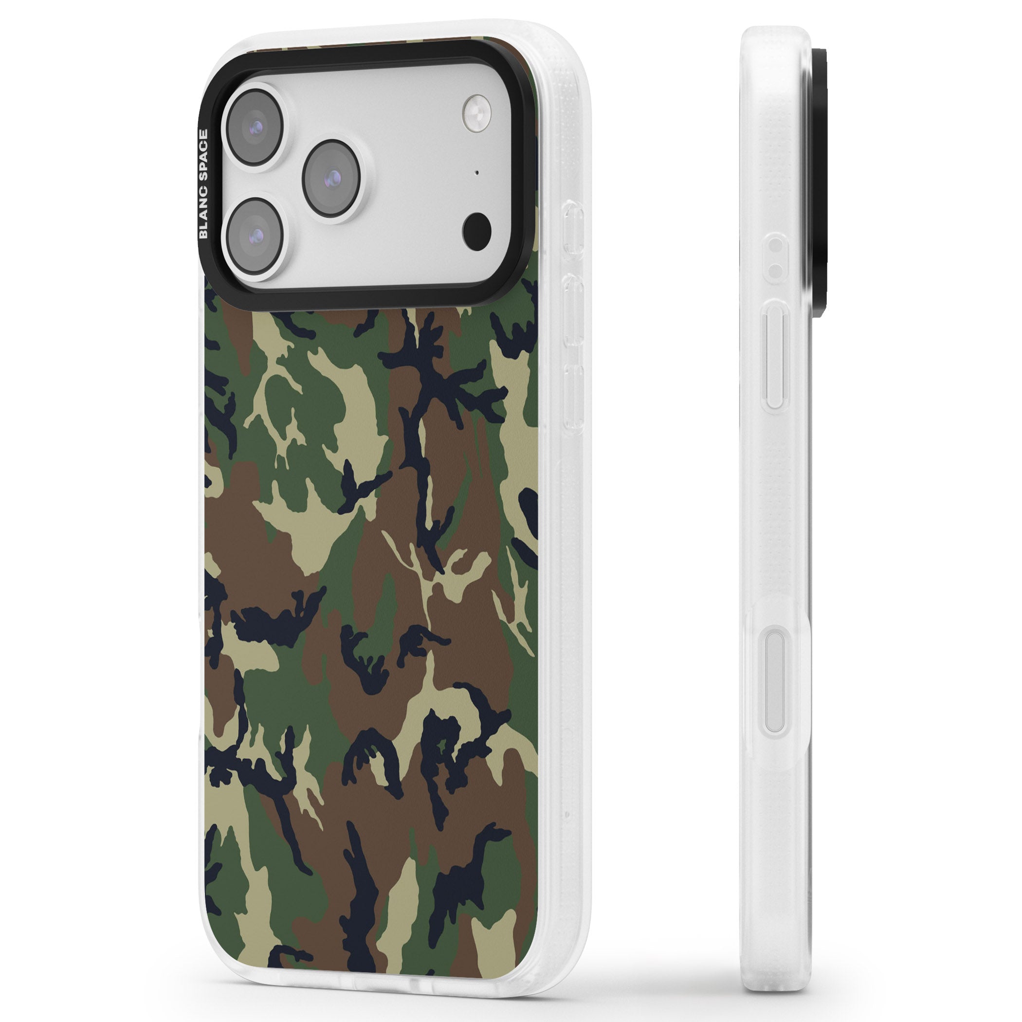 Forest Green Camo iPhone 17 Pro Impact Air Clear Phone Case Side Profile