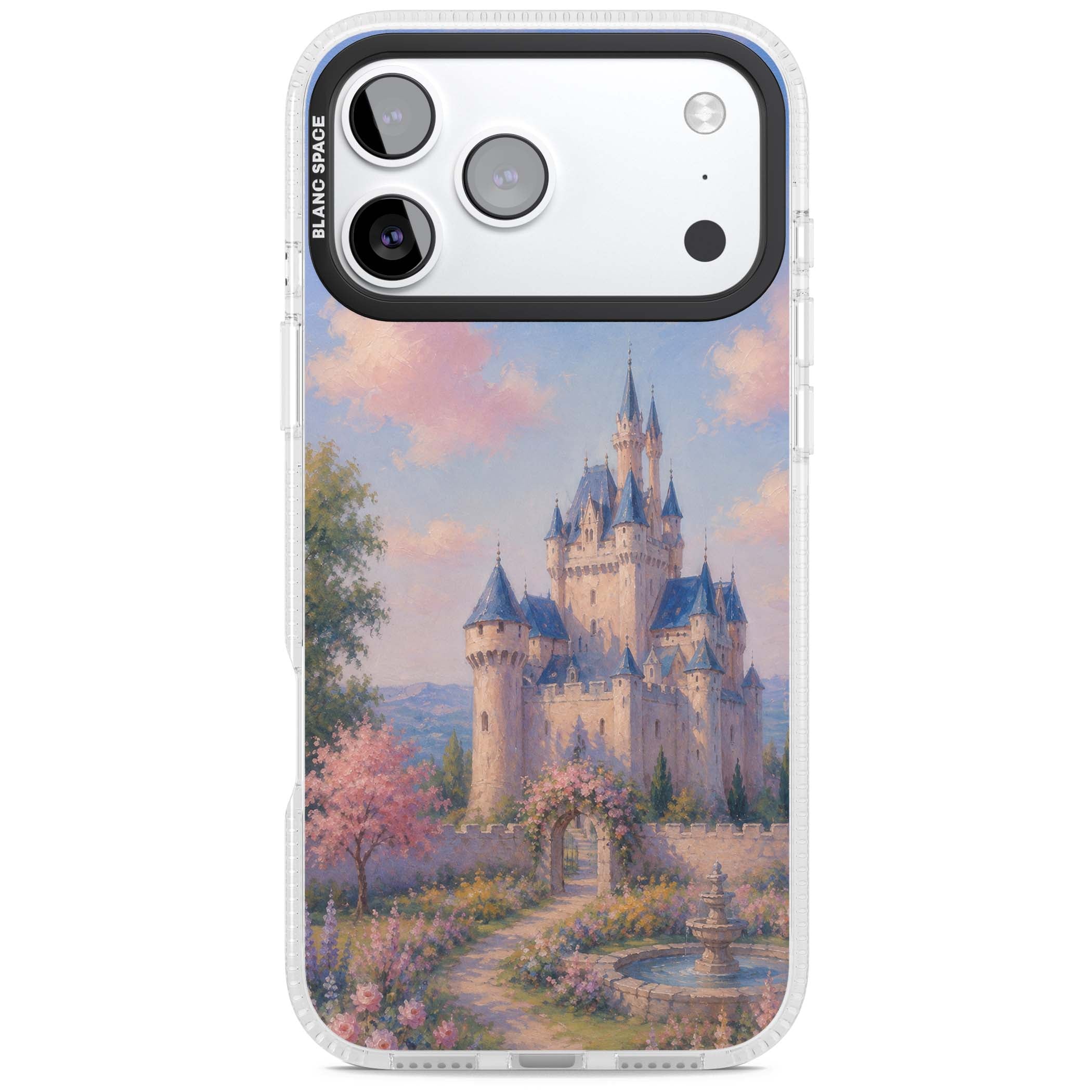 Enchanted Kingdom fairytale iPhone case featuring a romantic castle painting with cherry blossoms and pastel pink sky | Clear Case Impact Air case for iPhone 17 Pro, iPhone 17 Pro Max