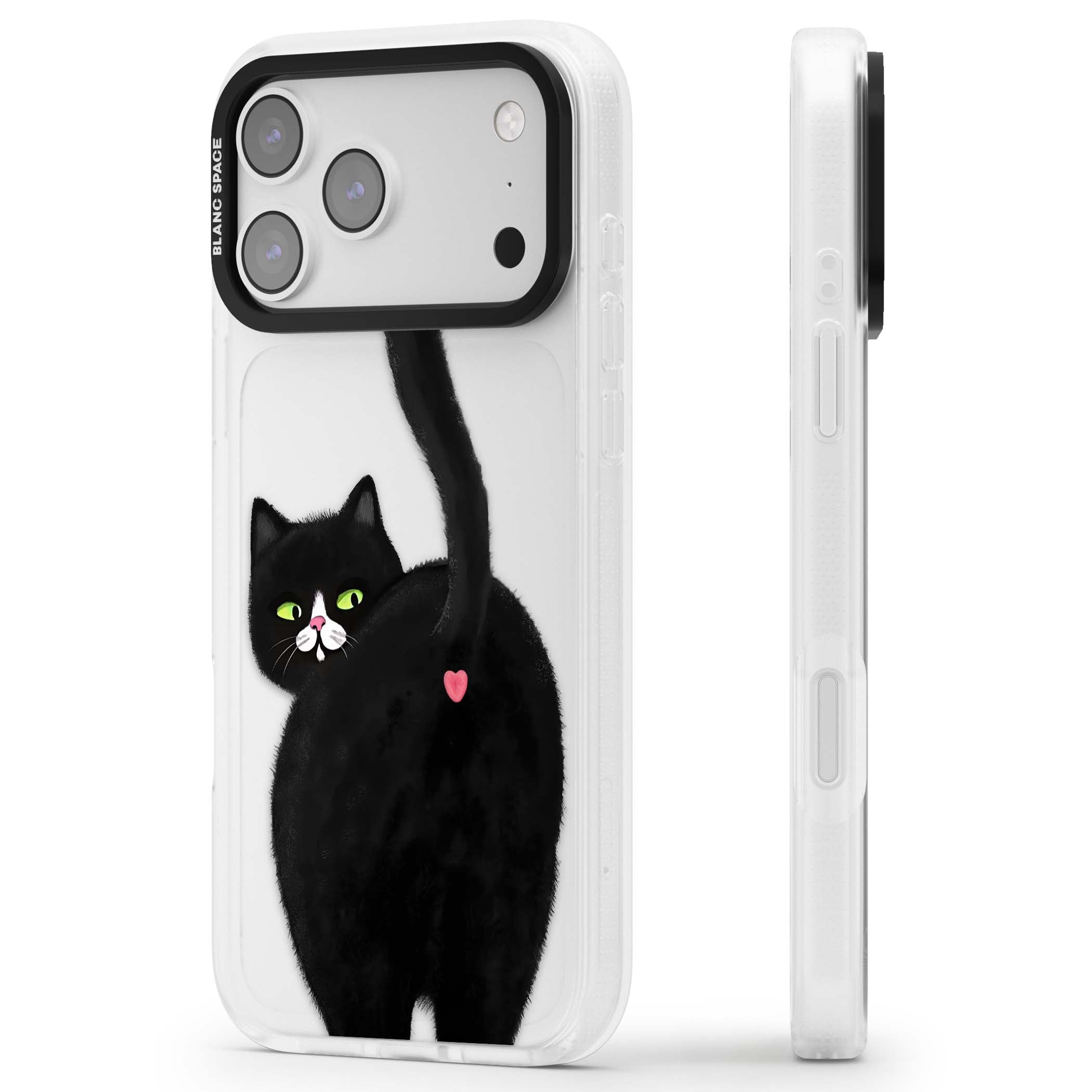 The Cat's Kiss cute cat iPhone case featuring a hand-painted tuxedo kitty with green eyes and a pink heart on a clear | Clear Case Impact Air case for iPhone 17 Pro, iPhone 17 Pro Max