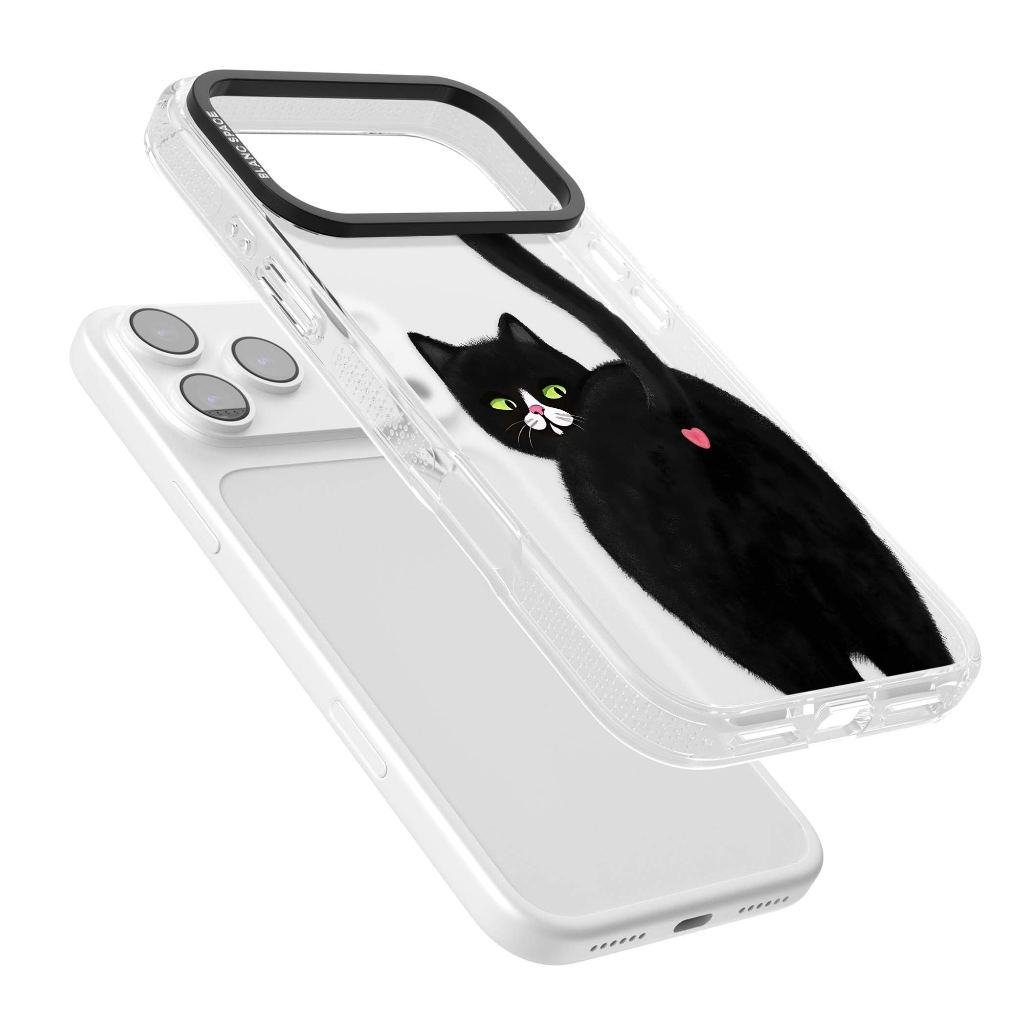 The Cat's Kiss cute cat iPhone case featuring a hand-painted tuxedo kitty with green eyes and a pink heart on a clear | Clear Case Impact Air case for iPhone 17 Pro, iPhone 17 Pro Max