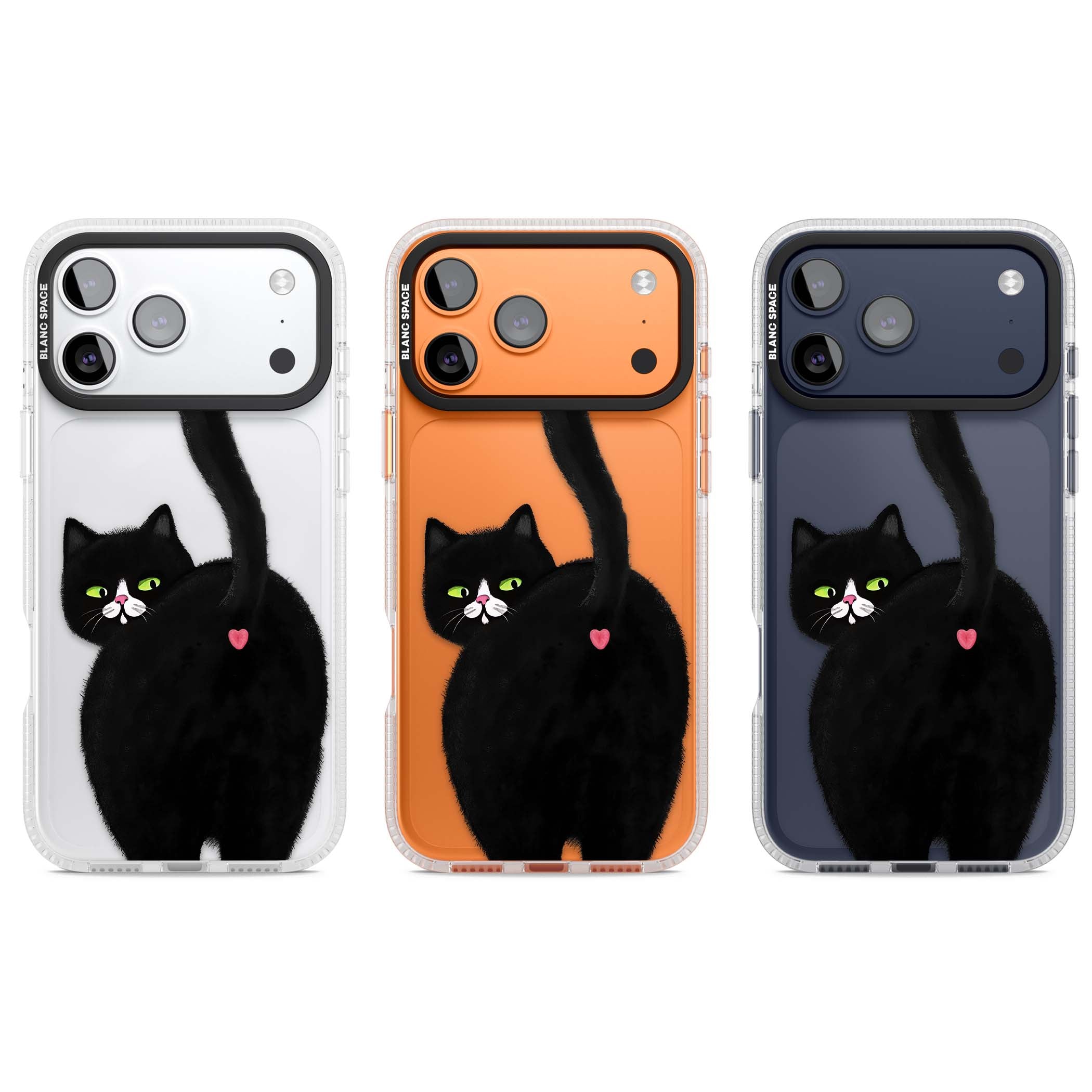 The Cat's Kiss cute cat iPhone case featuring a hand-painted tuxedo kitty with green eyes and a pink heart on a clear | Clear Case Impact Air case for iPhone 17 Pro, iPhone 17 Pro Max