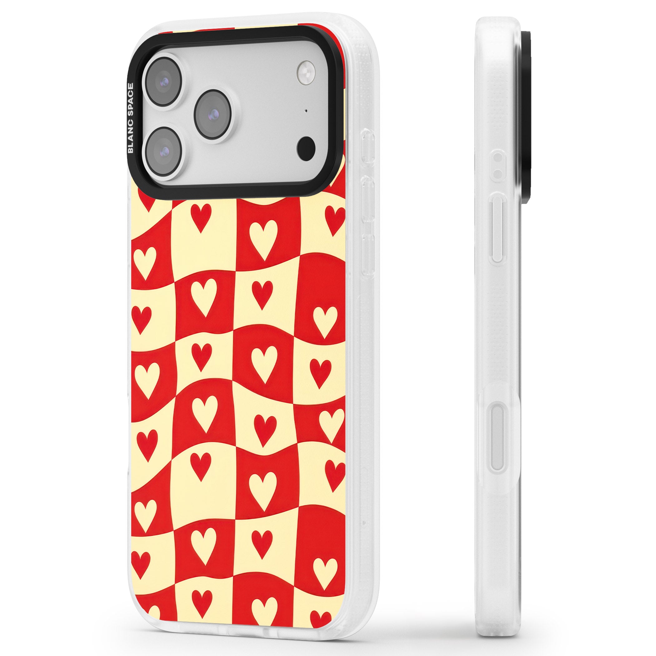 Red Wavy Checked & Hearts iPhone 17 Pro Impact Air Clear Phone Case Side Profile