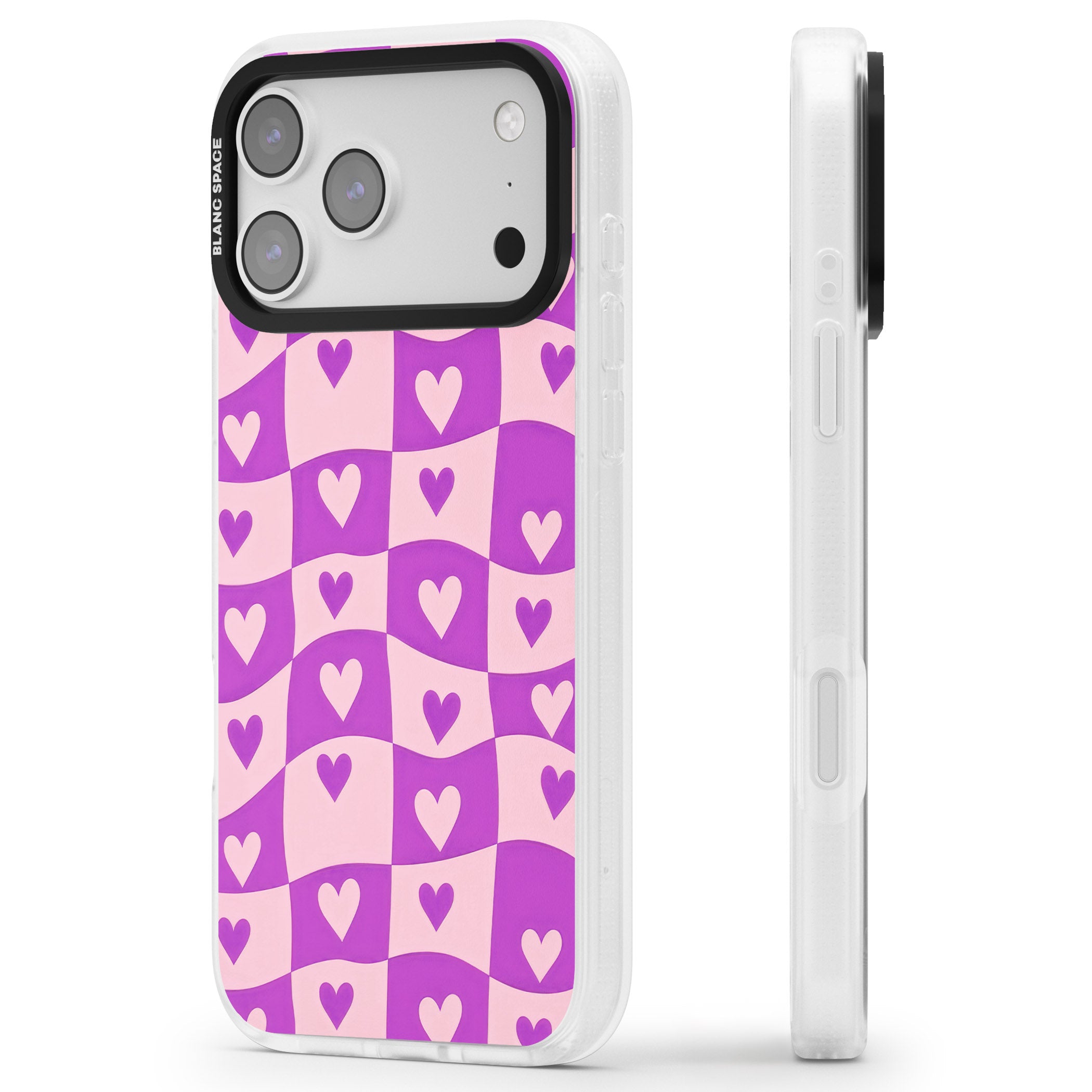 Purple Wavy Checked Hearts iPhone 17 Pro Impact Air Clear Phone Case Side Profile