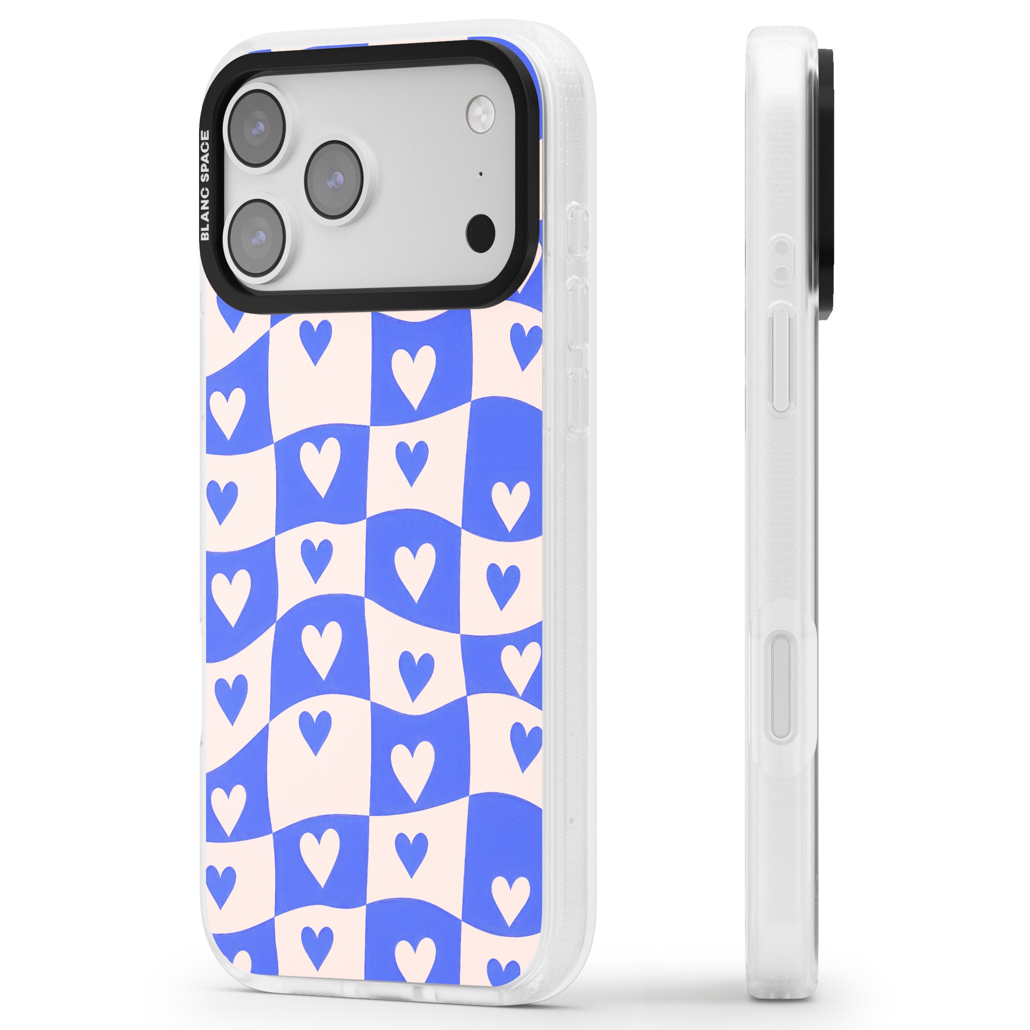 Blue Wavy Checked Hearts iPhone 17 Pro Impact Air Clear Phone Case Side Profile