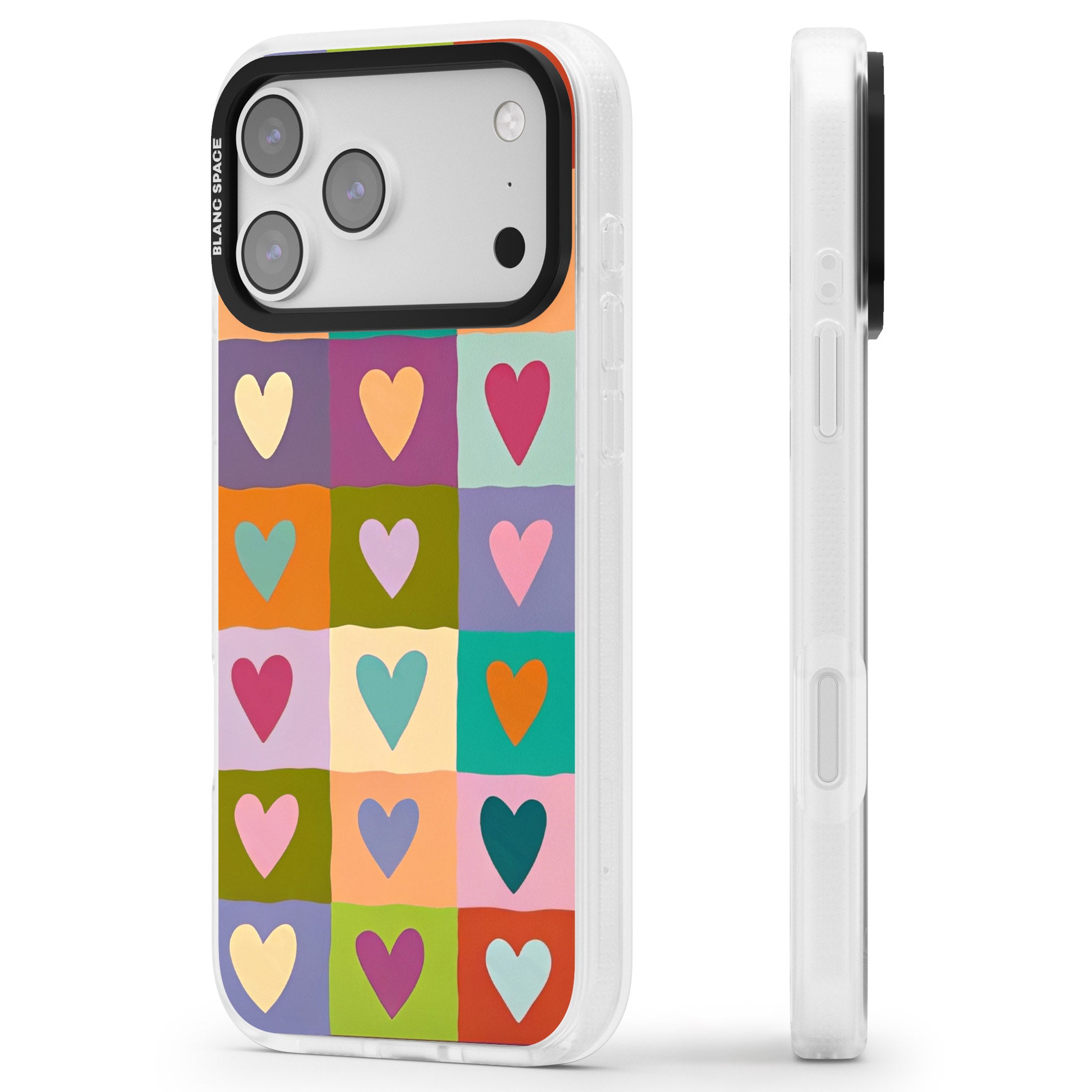Multicolour Checked Hearts iPhone 17 Pro Impact Air Clear Phone Case Side Profile