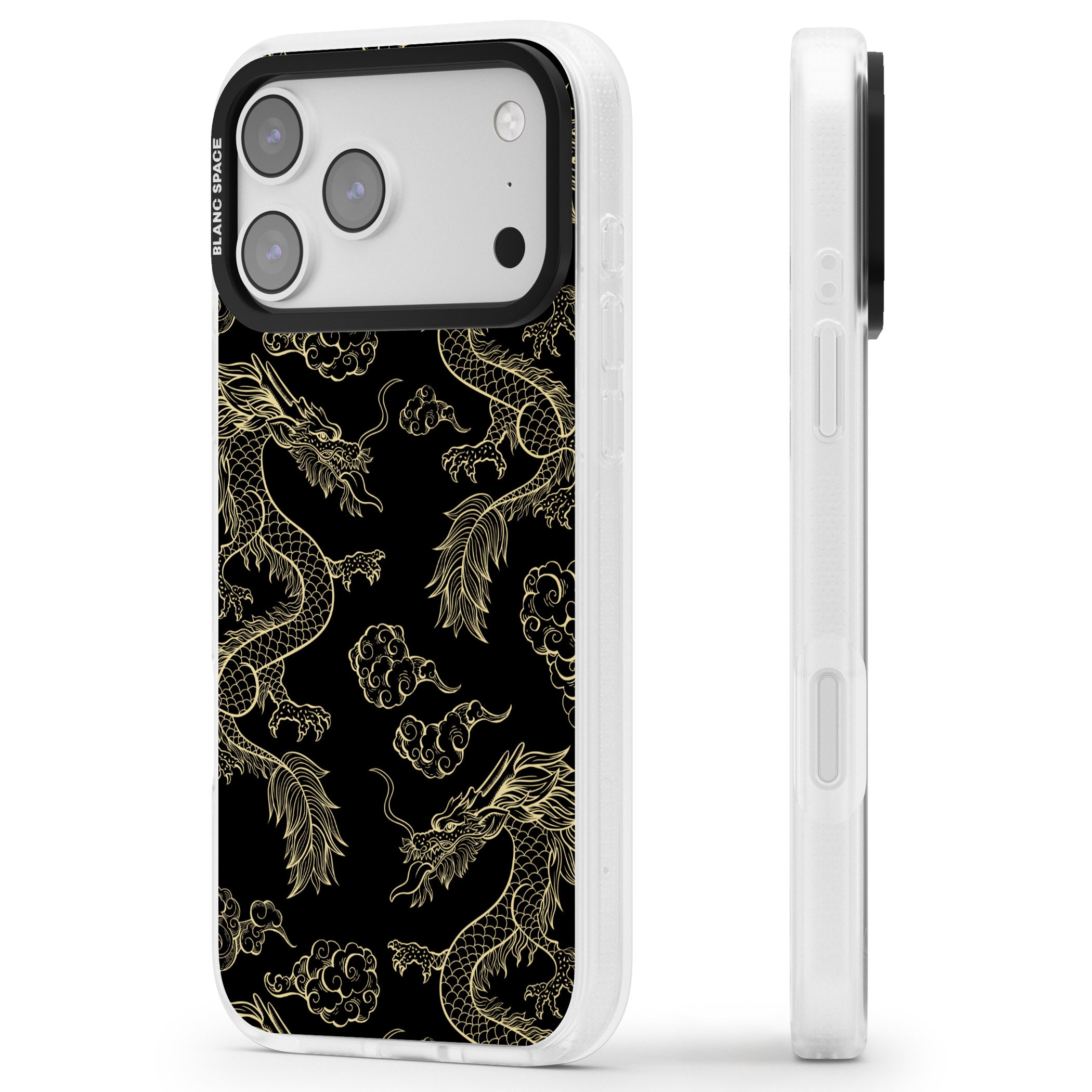 Black And Gold Dragon Pattern iPhone 17 Pro Impact Air Clear Phone Case Side Profile