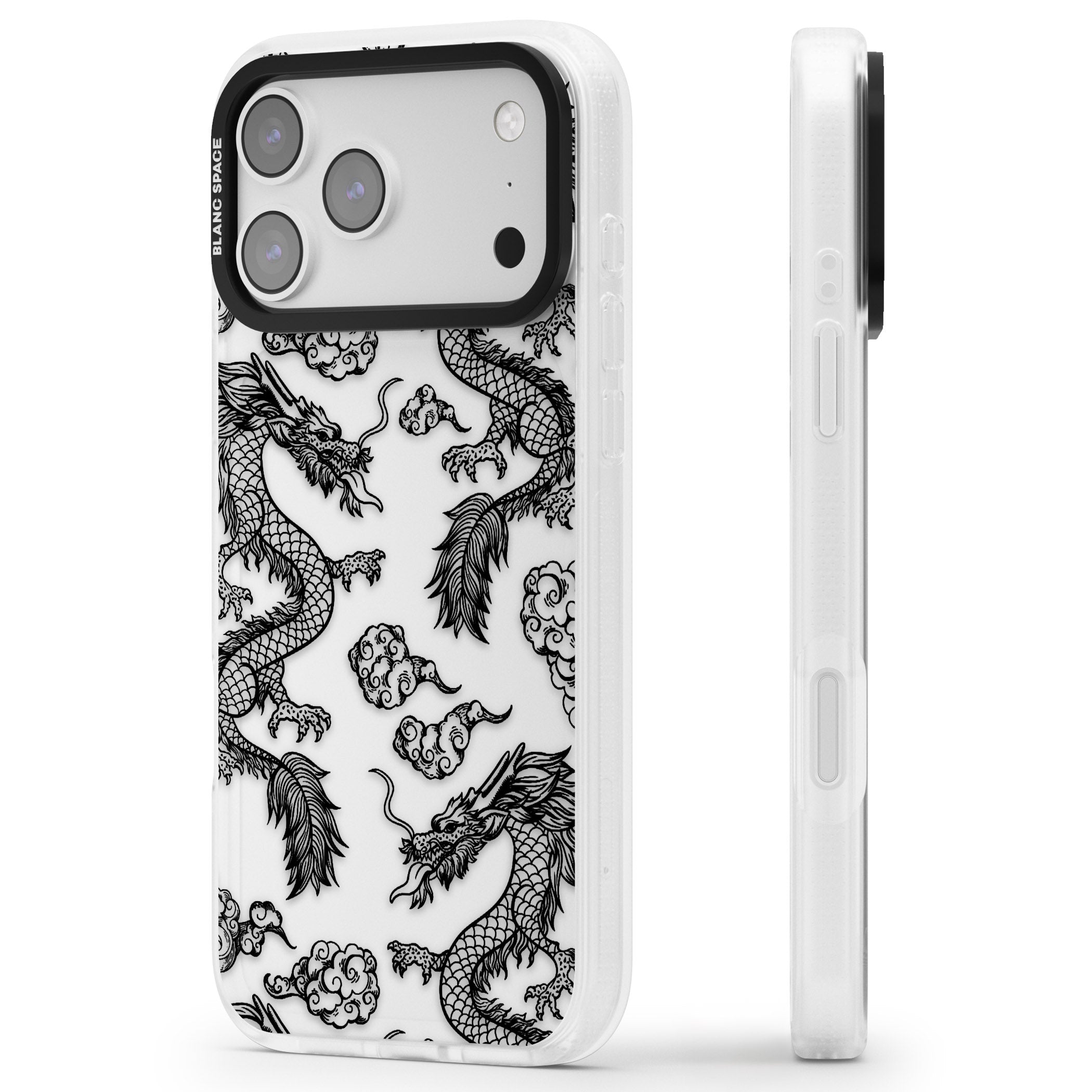 Black Dragon Pattern iPhone 17 Pro Impact Air Clear Phone Case Side Profile