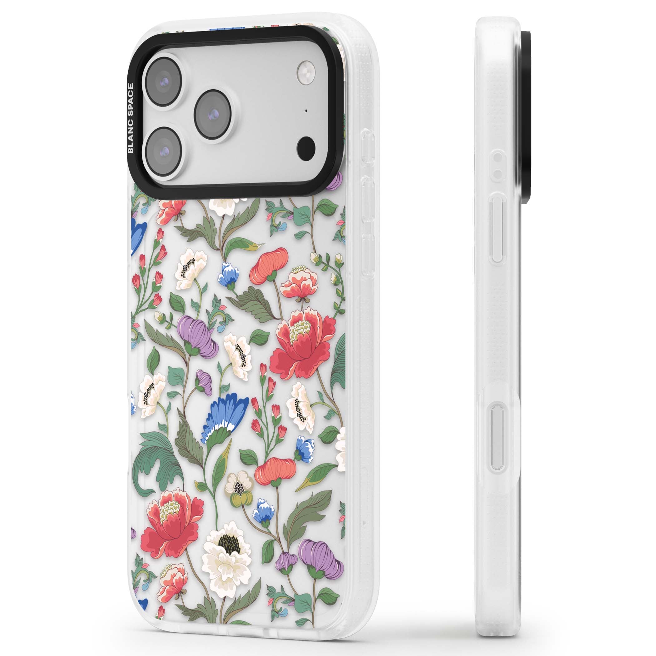 Chinoiserie Bloom vintage floral iPhone case featuring hand-painted peonies, poppies and trailing wildflowers on clear... | Clear Case Impact Air case for iPhone 17 Pro, iPhone 17 Pro Max