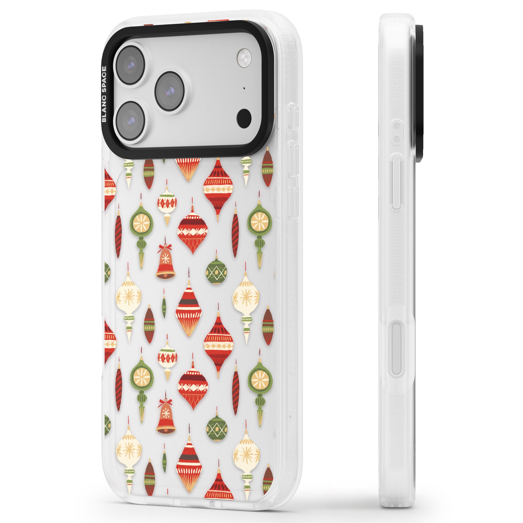 Christmas Baubles Pattern iPhone 17 Pro Impact Air Clear Phone Case Side Profile