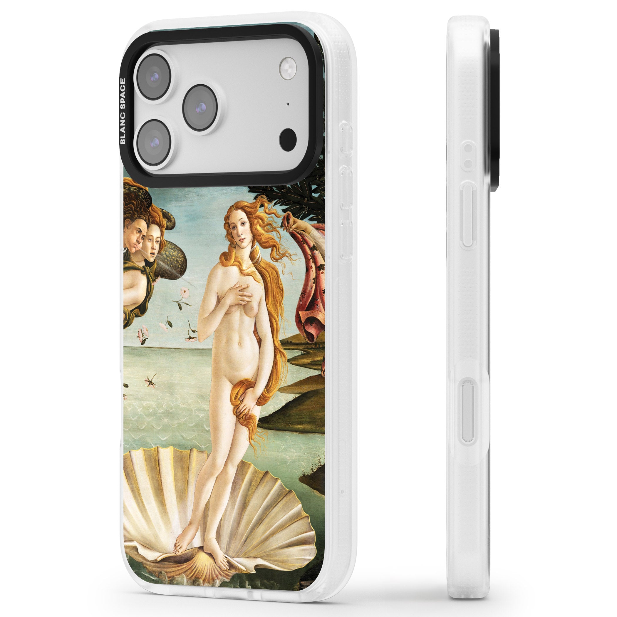 The Birth of Venus - Sandro Botticelli iPhone 17 Pro Impact Air Clear Phone Case Side Profile
