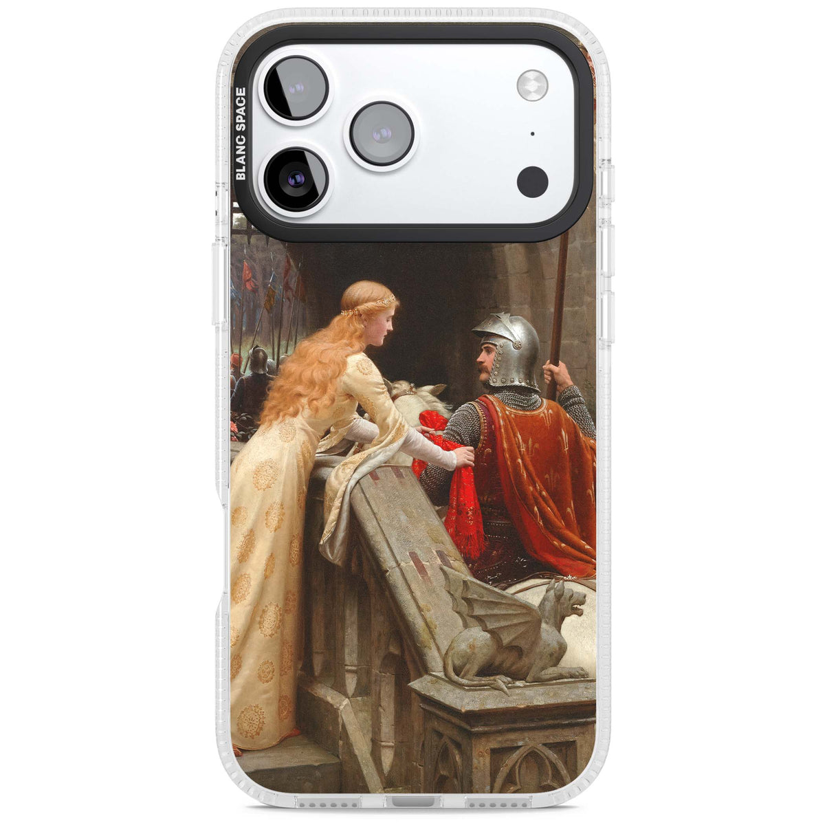 God Speed fine art iPhone case featuring Edmund Blair Leighton's medieval knight and lady beneath a stone archway | Clear Case Impact Air case for iPhone 17 Pro, iPhone 17 Pro Max