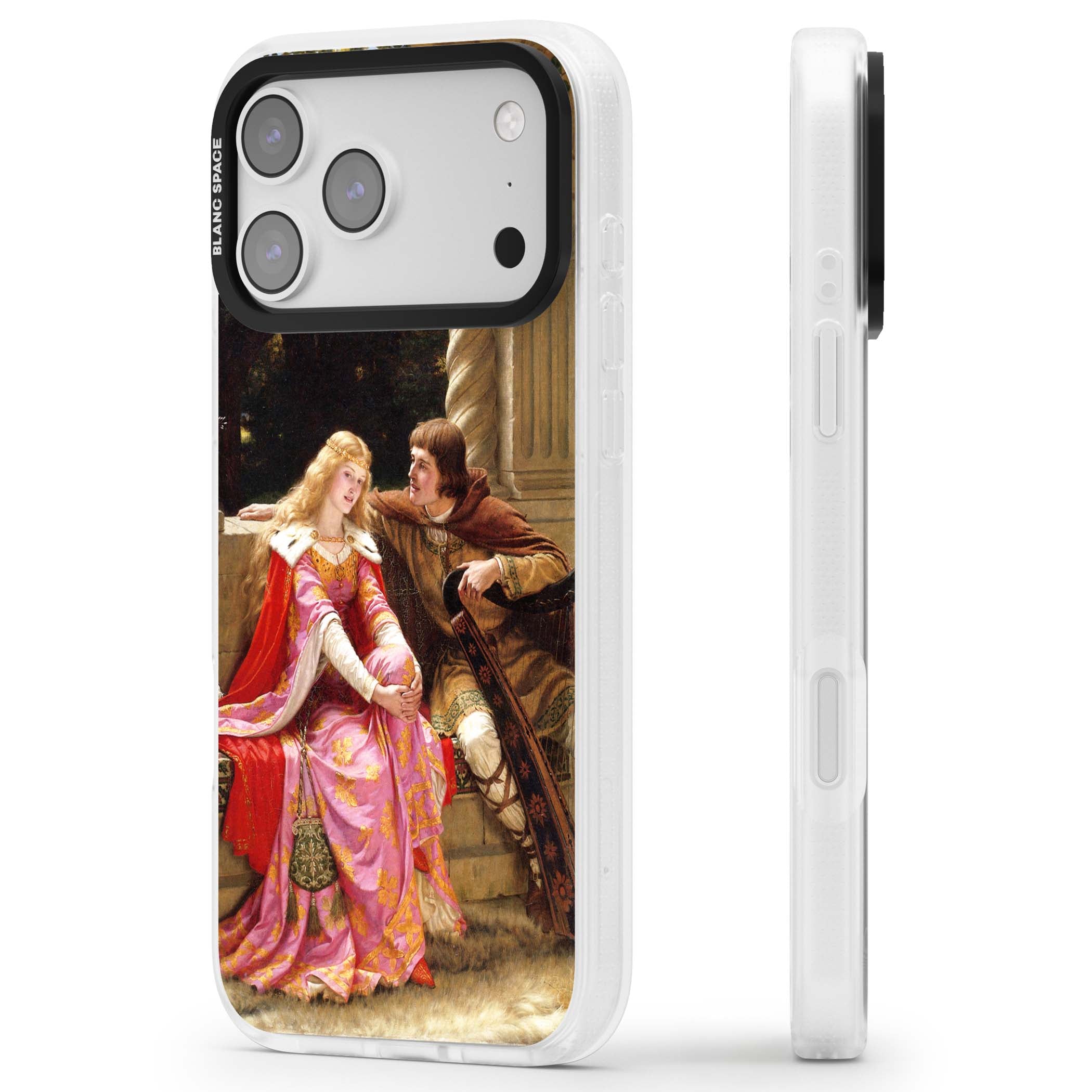 The End of the Song classic art iPhone case featuring a medieval lady in pink gown and her knight in a stone archway | Clear Case Impact Air case for iPhone 17 Pro, iPhone 17 Pro Max