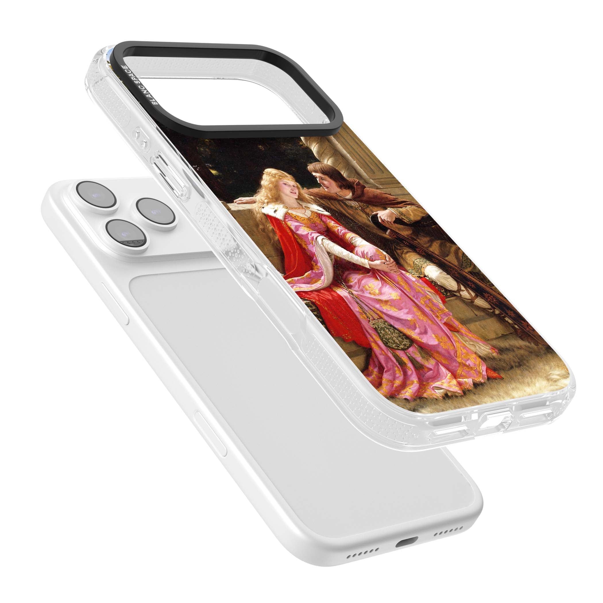The End of the Song classic art iPhone case featuring a medieval lady in pink gown and her knight in a stone archway | Clear Case Impact Air case for iPhone 17 Pro, iPhone 17 Pro Max