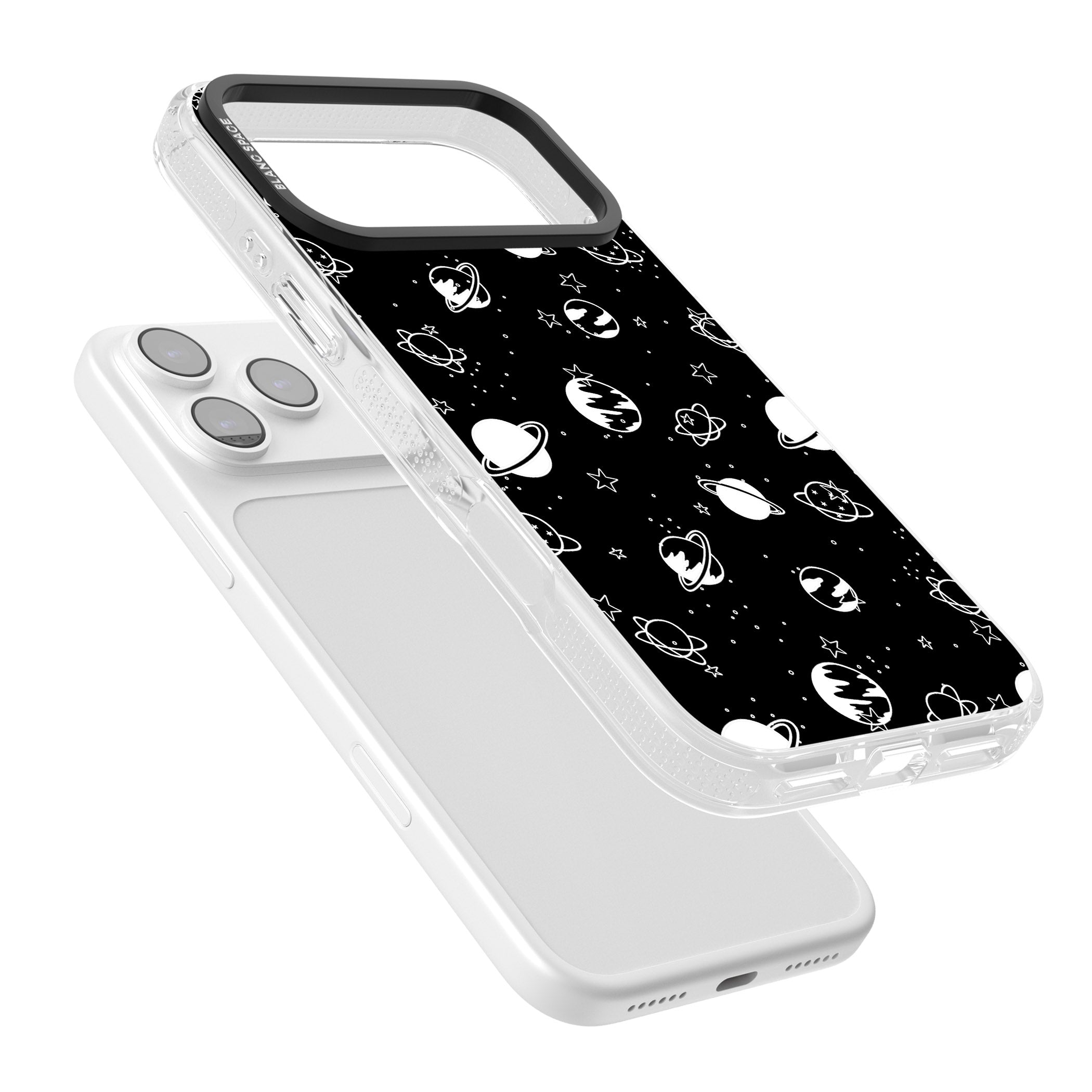 White Planets On Black iPhone 17 Pro Impact Air Clear Phone Case Colours