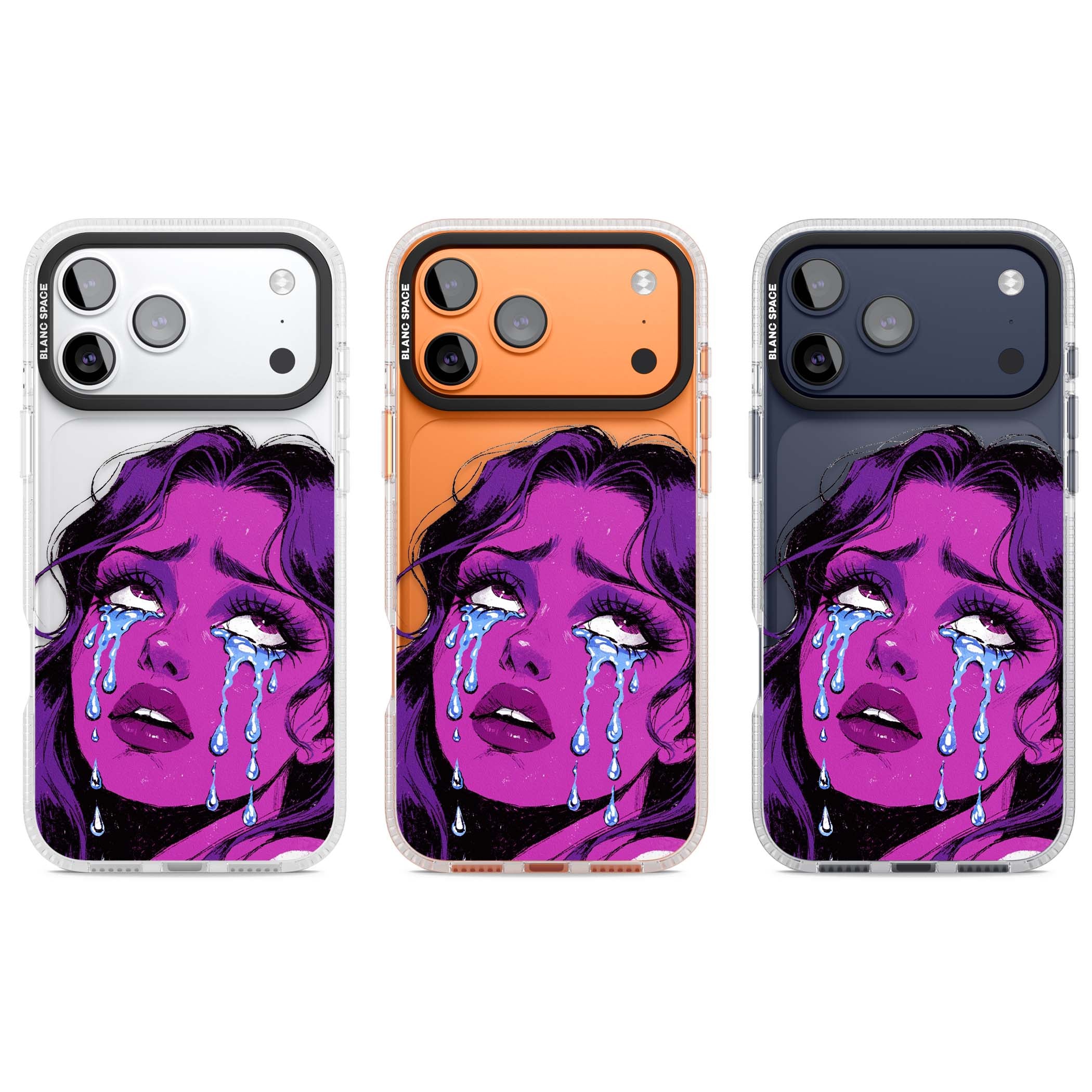 Drama Queen pop art iPhone case featuring a purple crying comic girl with blue tears | Clear Case Impact Air case for iPhone 17 Pro, iPhone 17 Pro Max