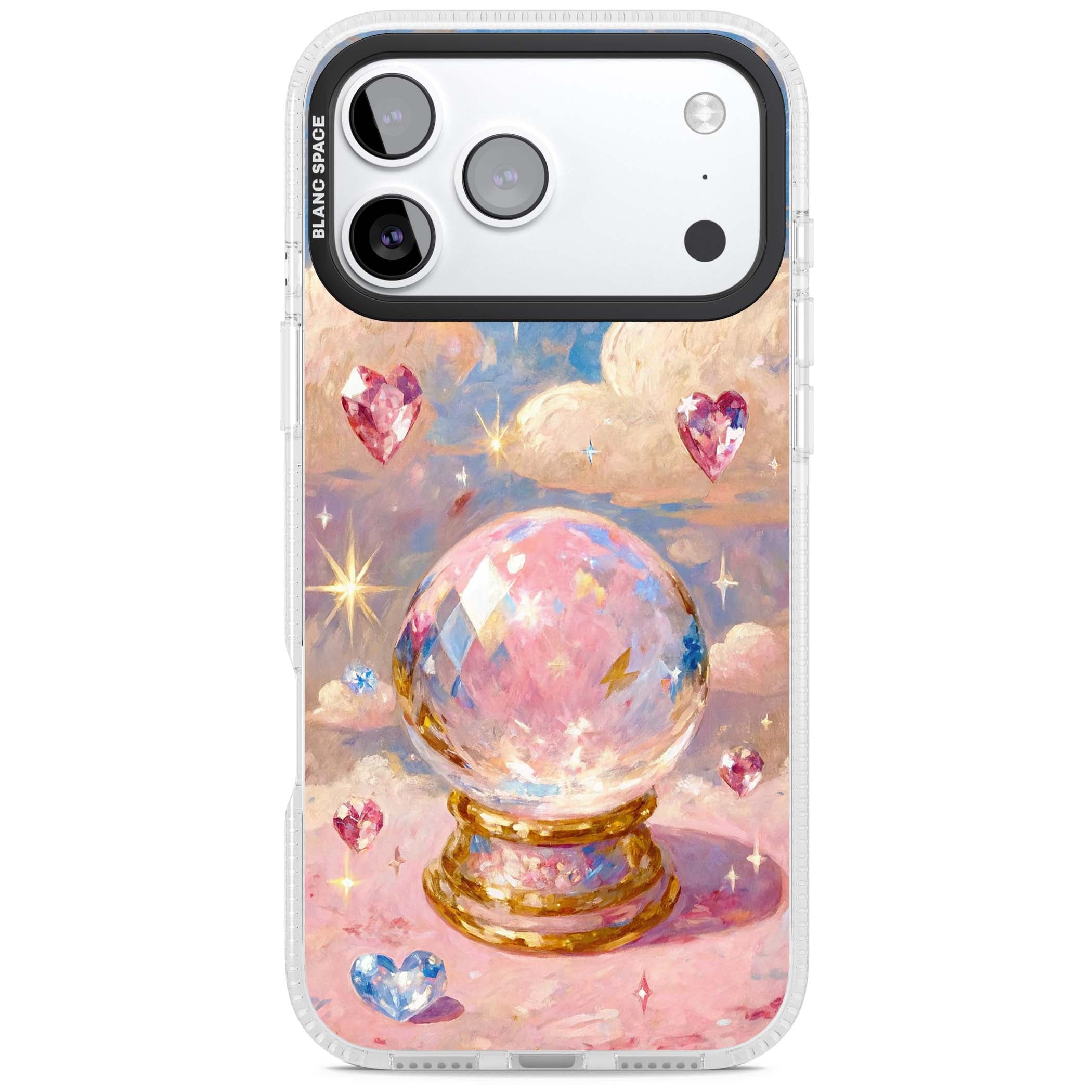 Crystal Ball fairycore iPhone case featuring a painted crystal ball, heart gemstones, and pastel clouds | Clear Case Impact Air case for iPhone 17 Pro, iPhone 17 Pro Max