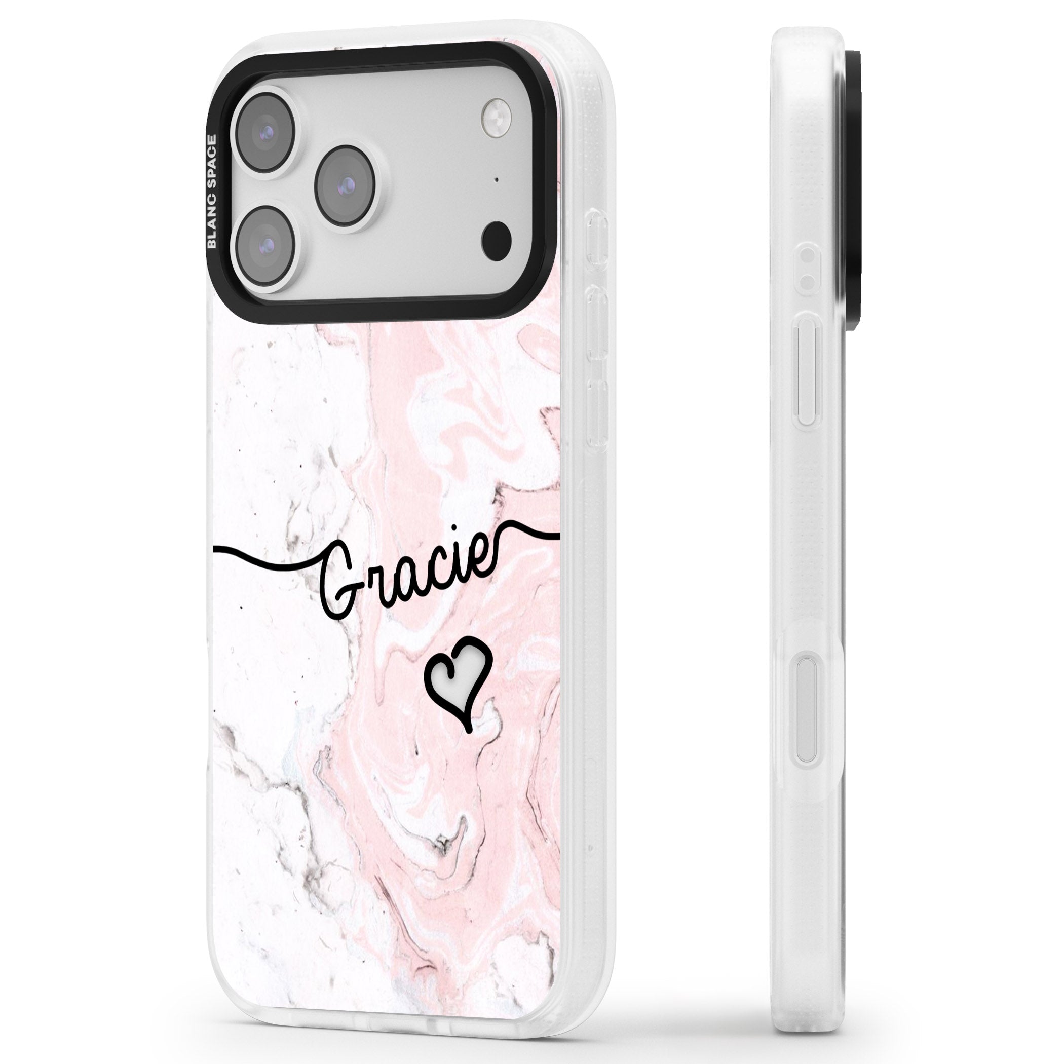 Personalised Pink Marble iPhone 17 Pro Impact Air Clear Phone Case Side Profile