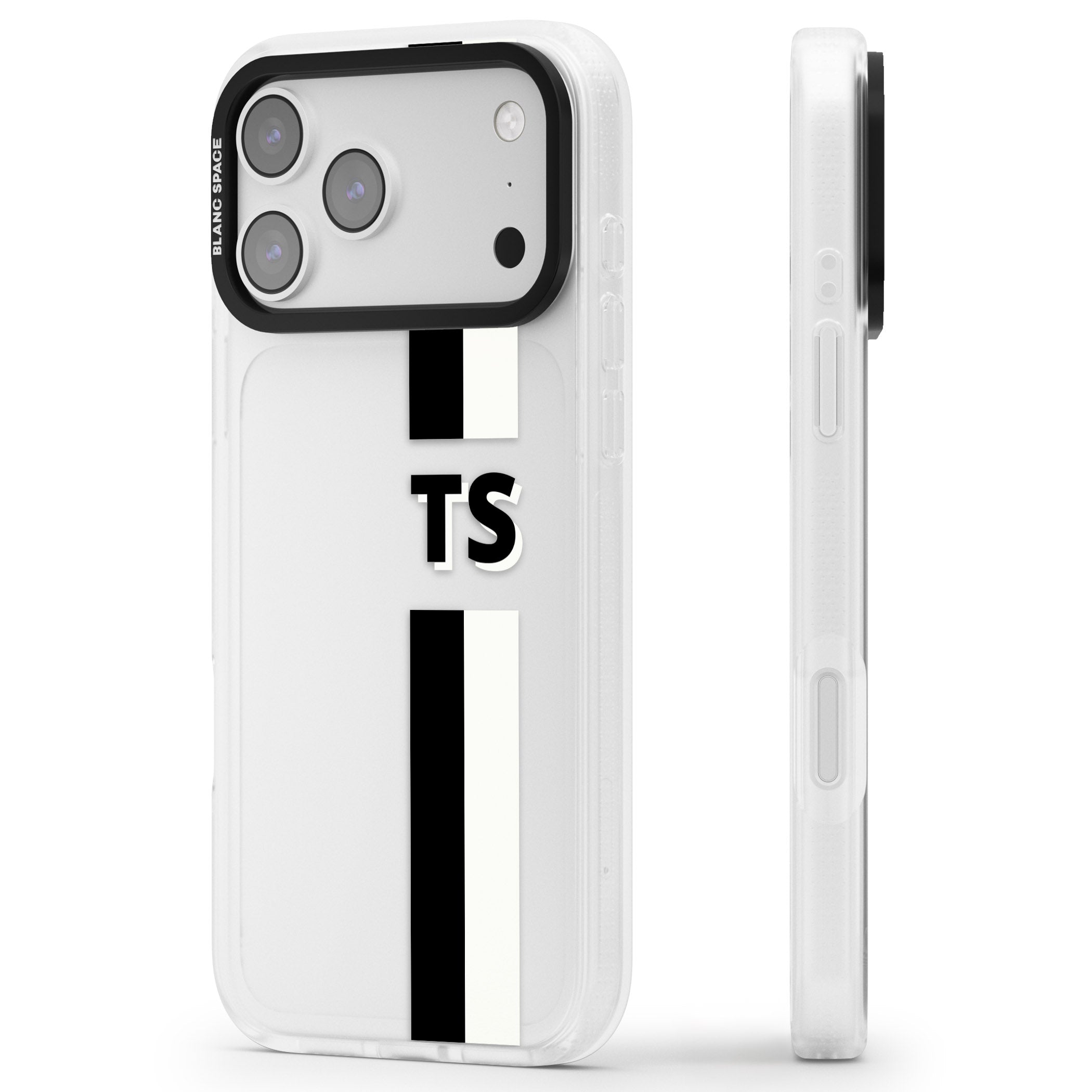 Personalised Black And White Stripe iPhone 17 Pro Impact Air Clear Phone Case Side Profile