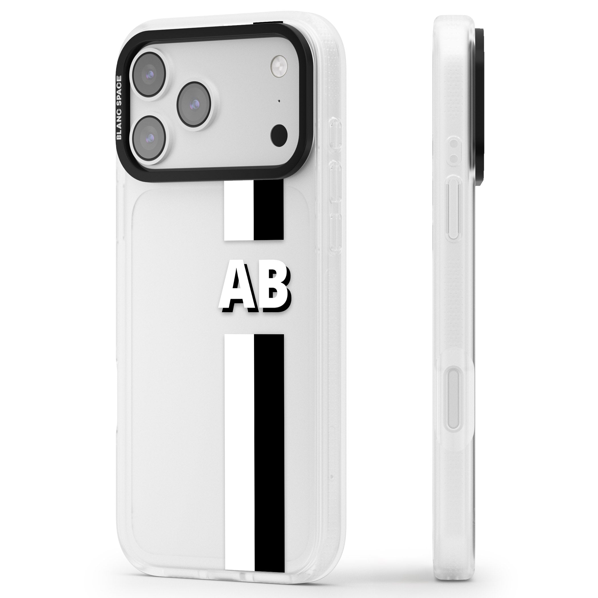 Personalised Bold Two Stripe Name iPhone 17 Pro Impact Air Clear Phone Case Side Profile