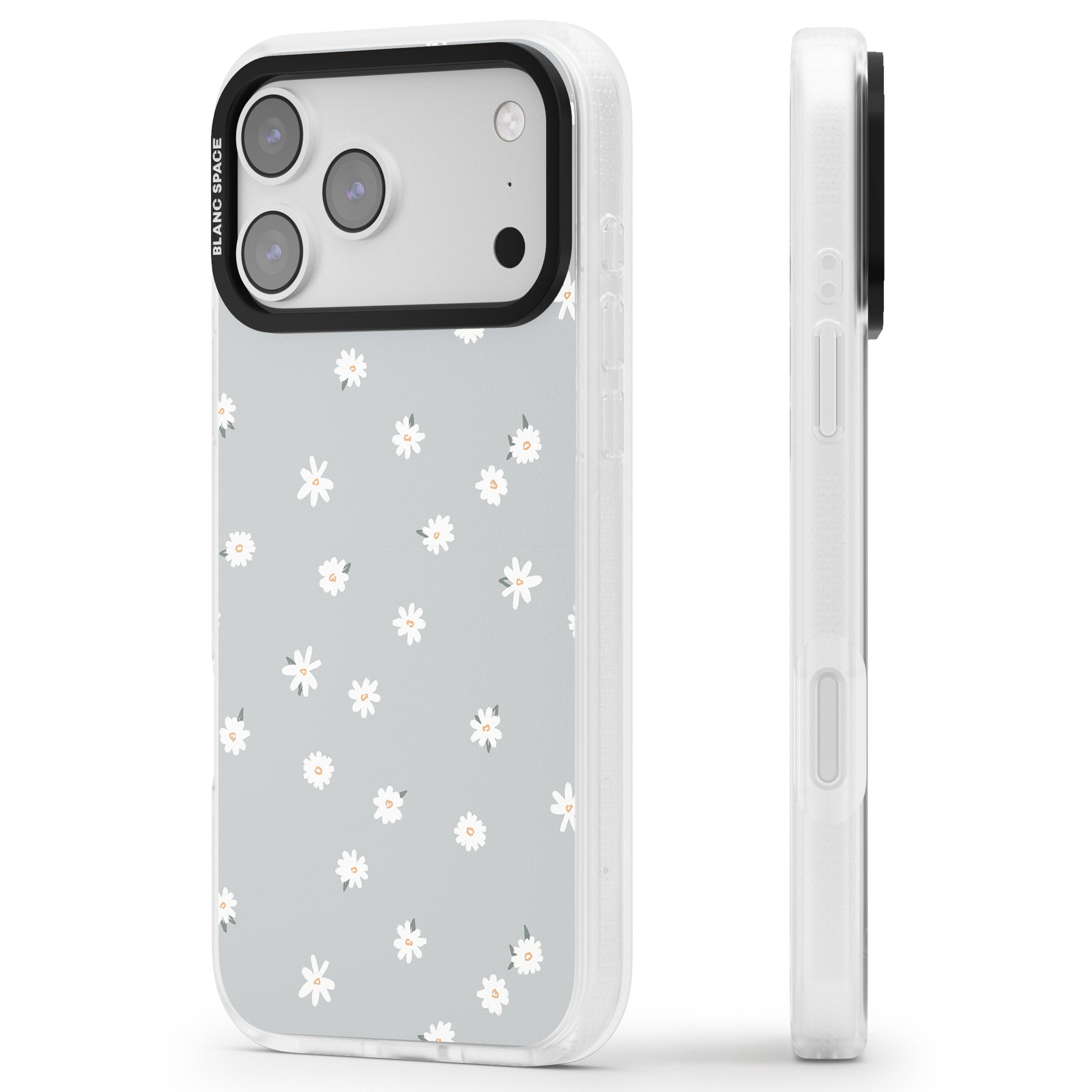 Painted Daisy Blue Grey iPhone 17 Pro Impact Air Clear Phone Case Side Profile