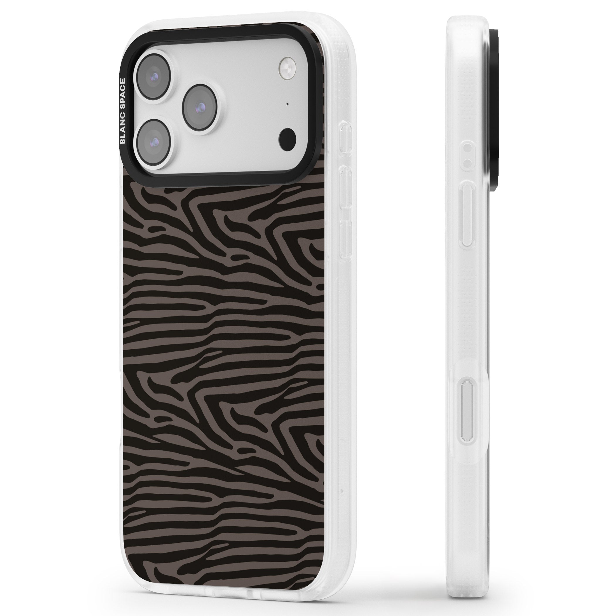 Dark Zebra Print iPhone 17 Pro Impact Air Clear Phone Case Side Profile