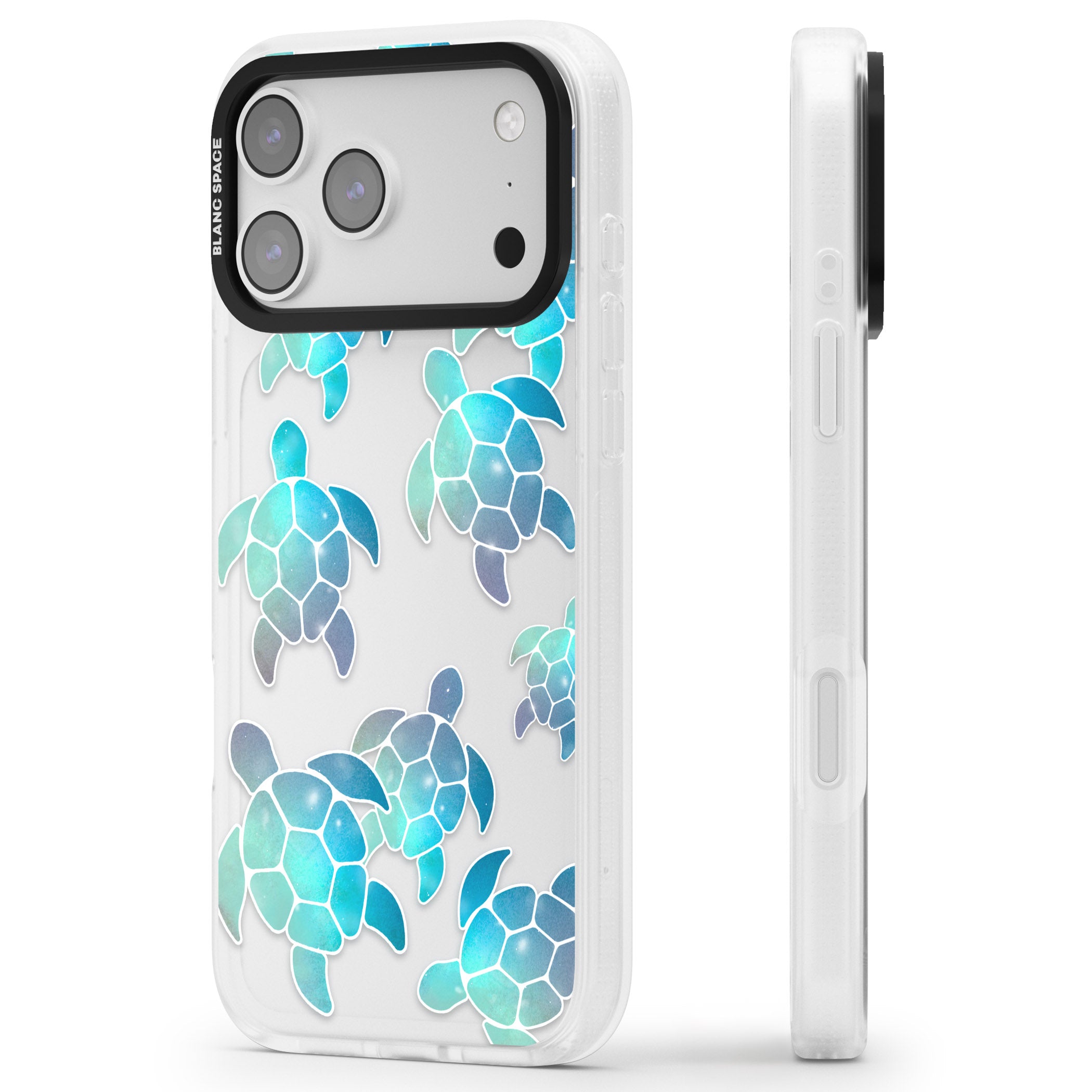 Aqua Space Turtles iPhone 17 Pro Impact Air Clear Phone Case Side Profile