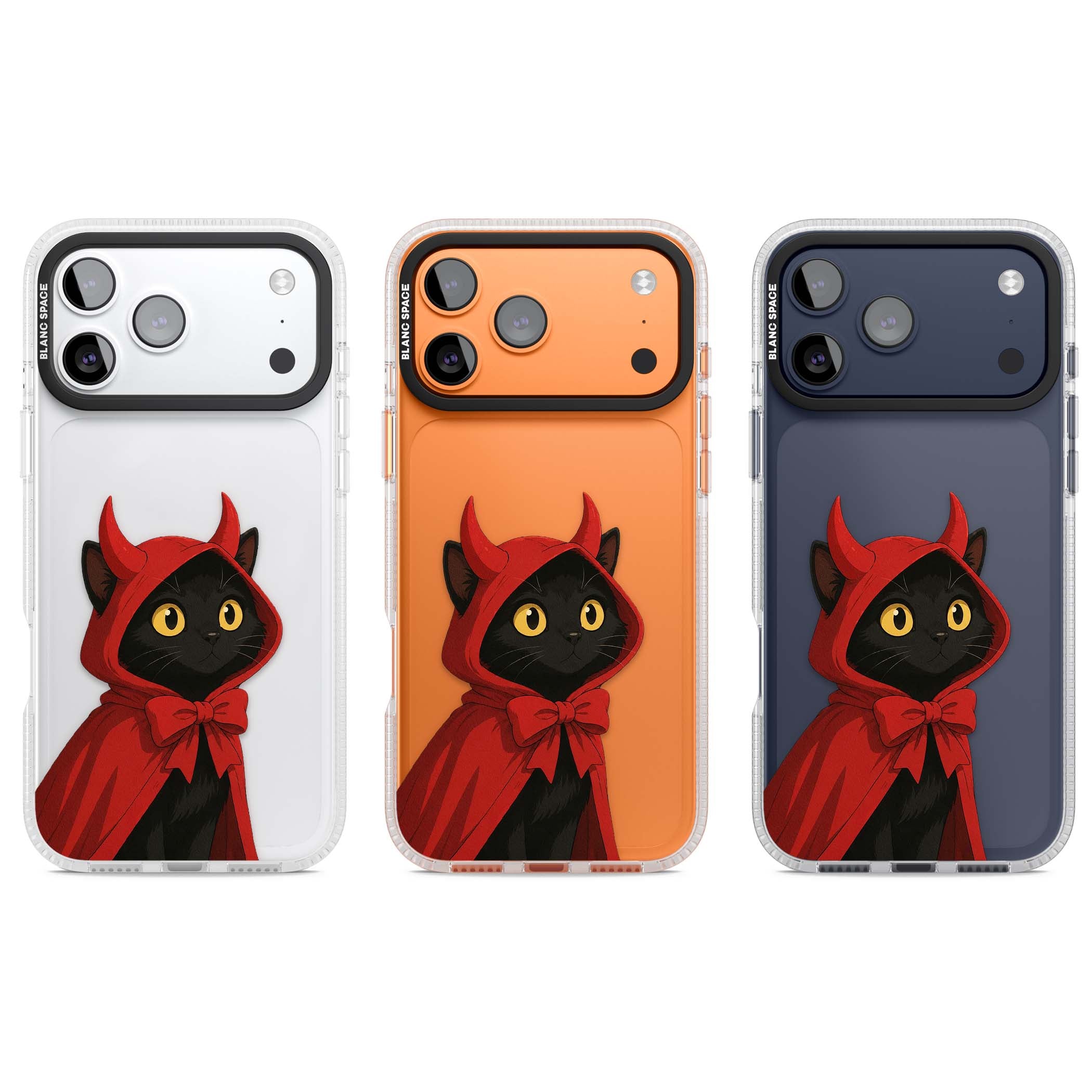 Little Devil halloween iPhone case featuring a black cat in a red hooded devil cloak with horns and golden eyes | Clear Case Impact Air case for iPhone 17 Pro, iPhone 17 Pro Max